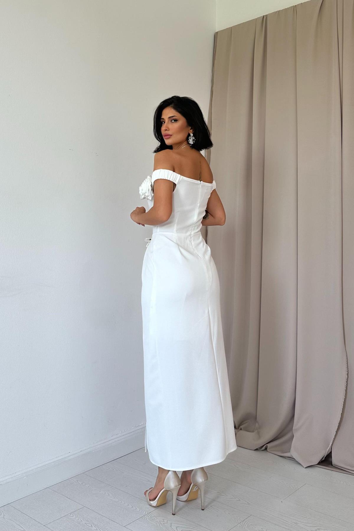 Madonna Yaka Güllü Elbise - Beyaz