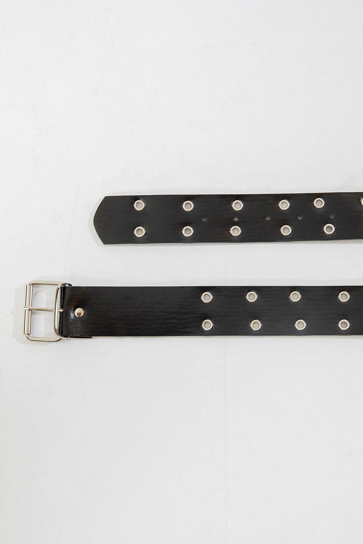 Metal Eyelet Detailed Leather Women's Belt-Black