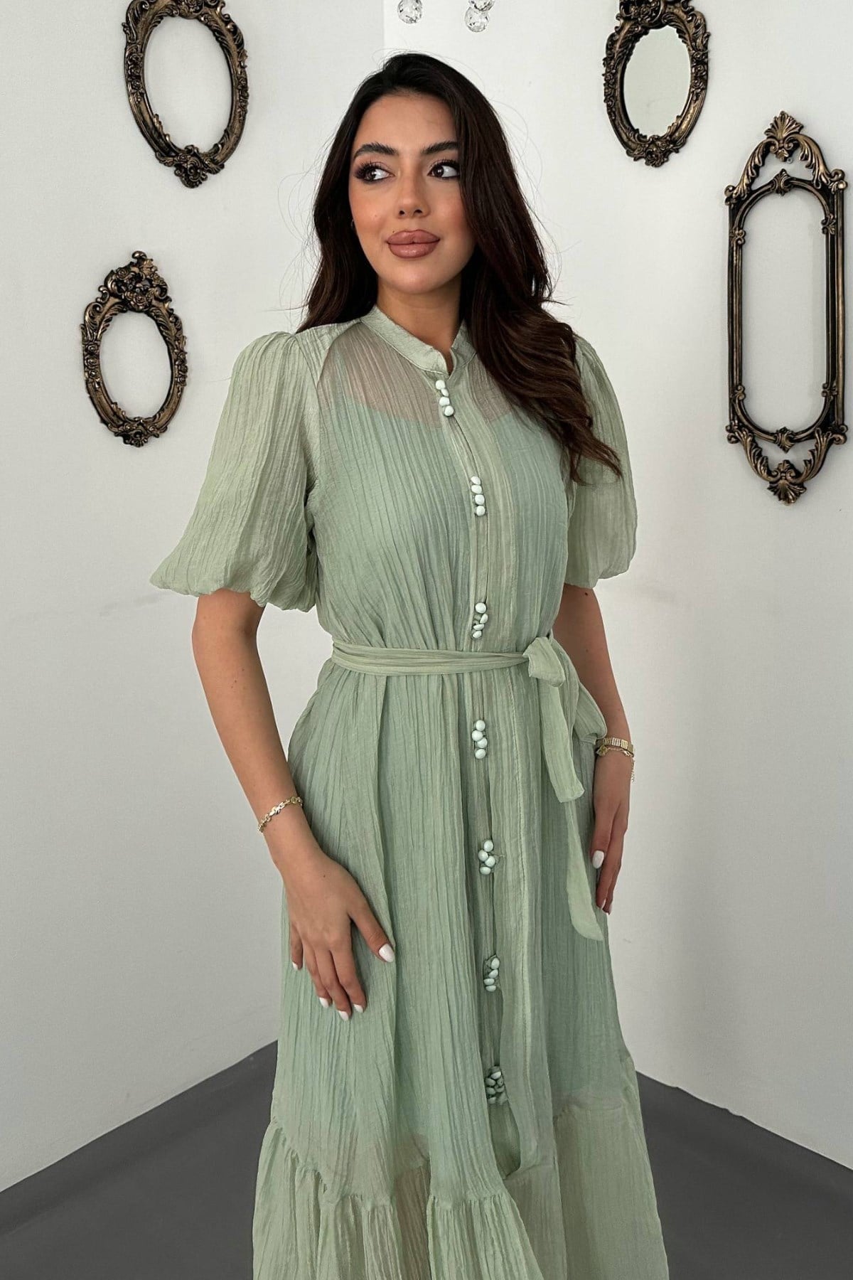 Mint Transparan İç Astarlı Elbise