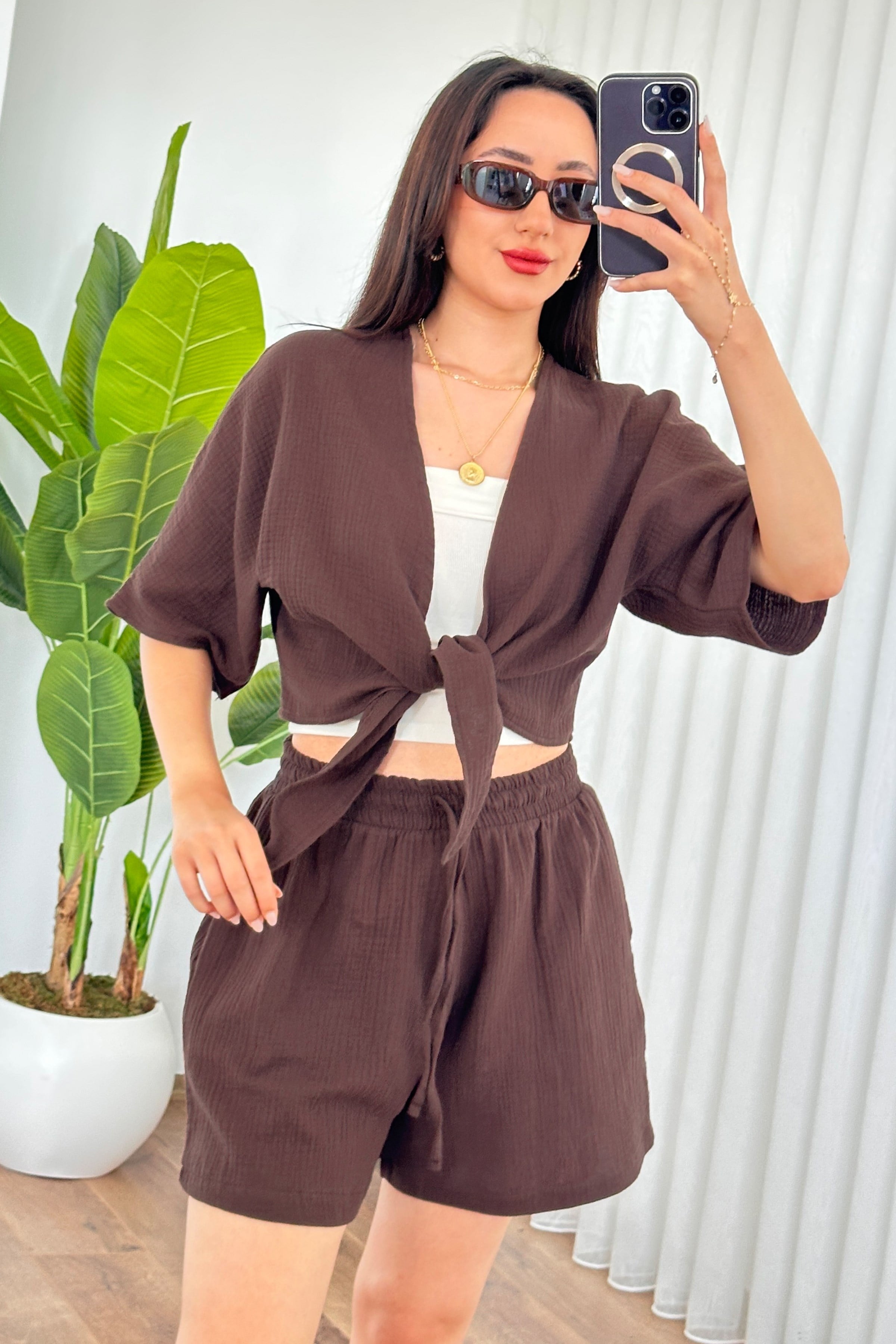 Müslin Cepli Kısa Model Toptan Kahve Şort