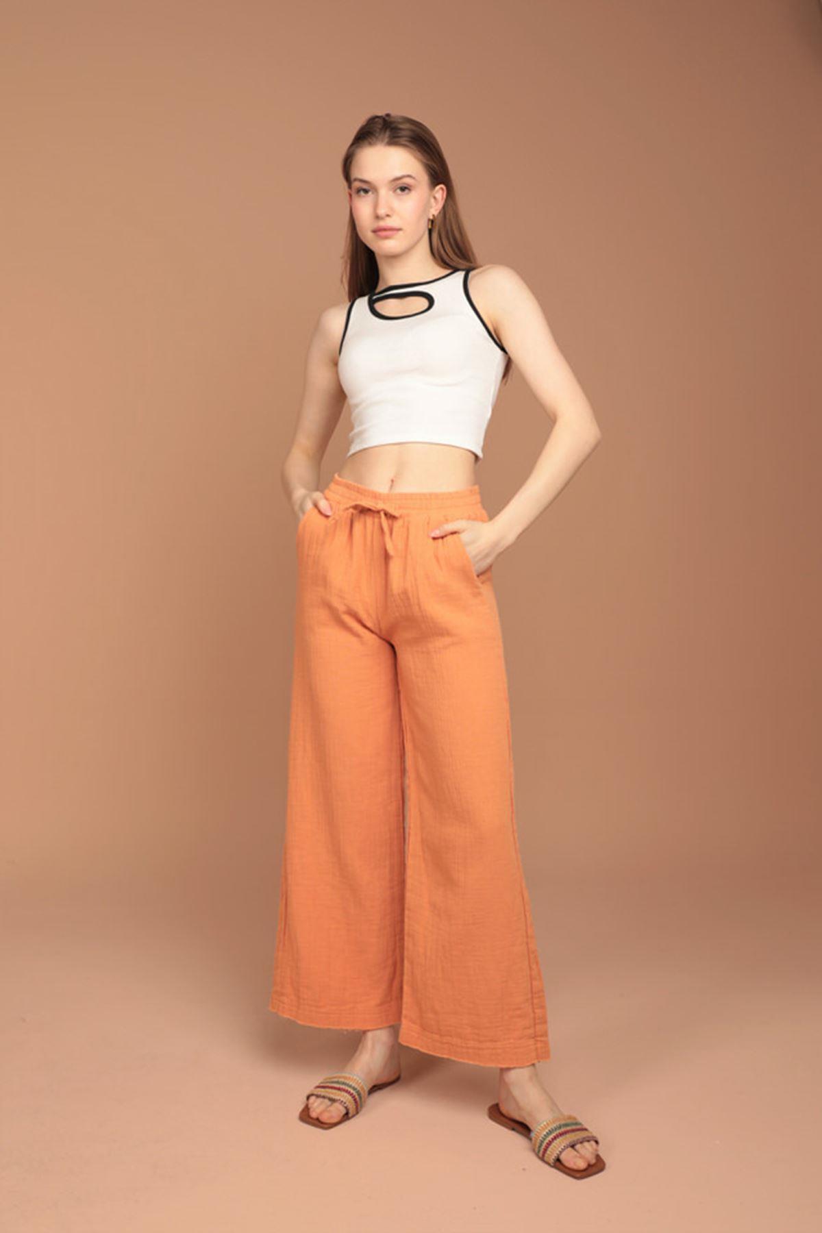 Muslin Fabric Wide Leg Women's Trousers-Salmon Pink