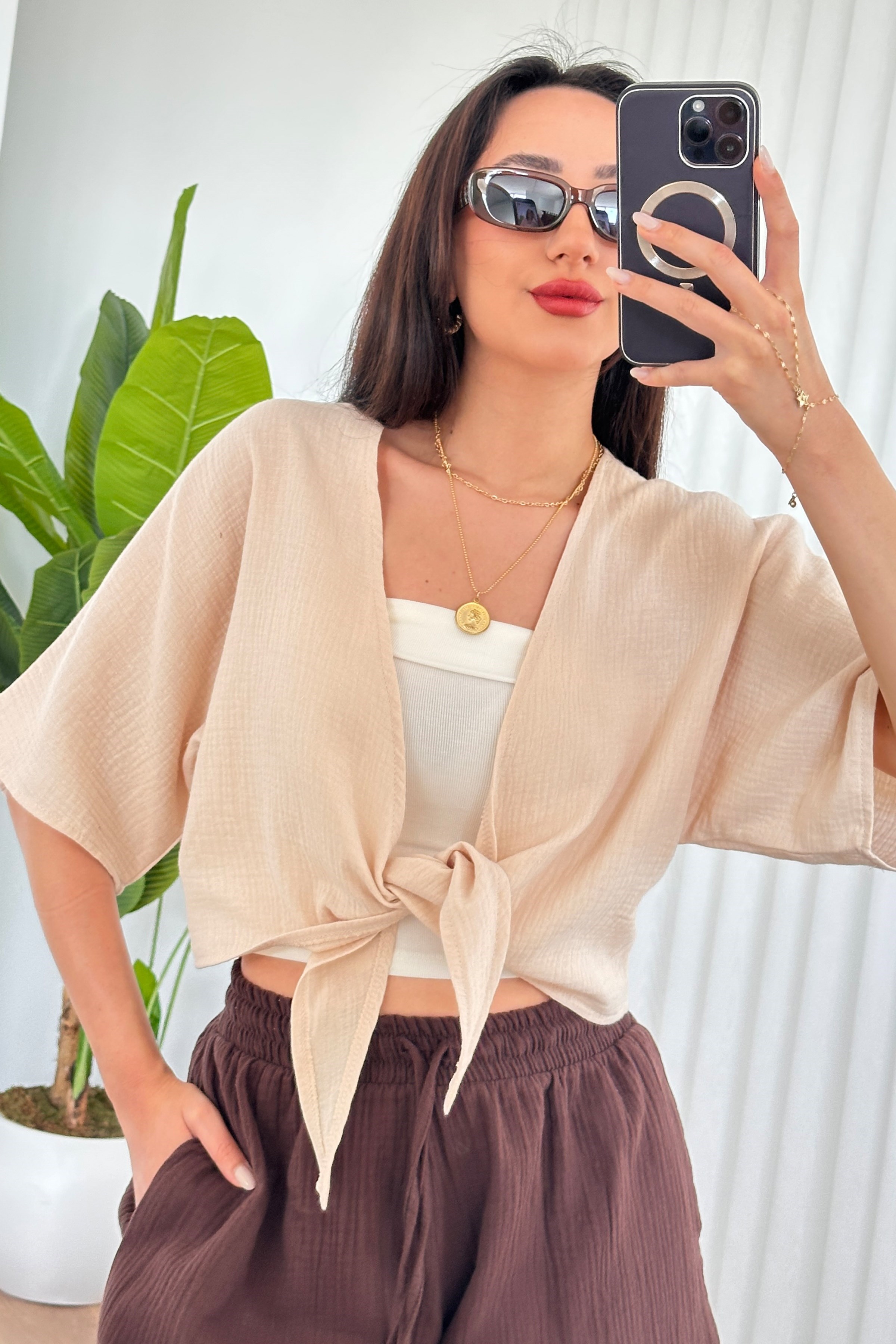Müslin Önden Bağlamalı Kısa Model Toptan Bej Kimono