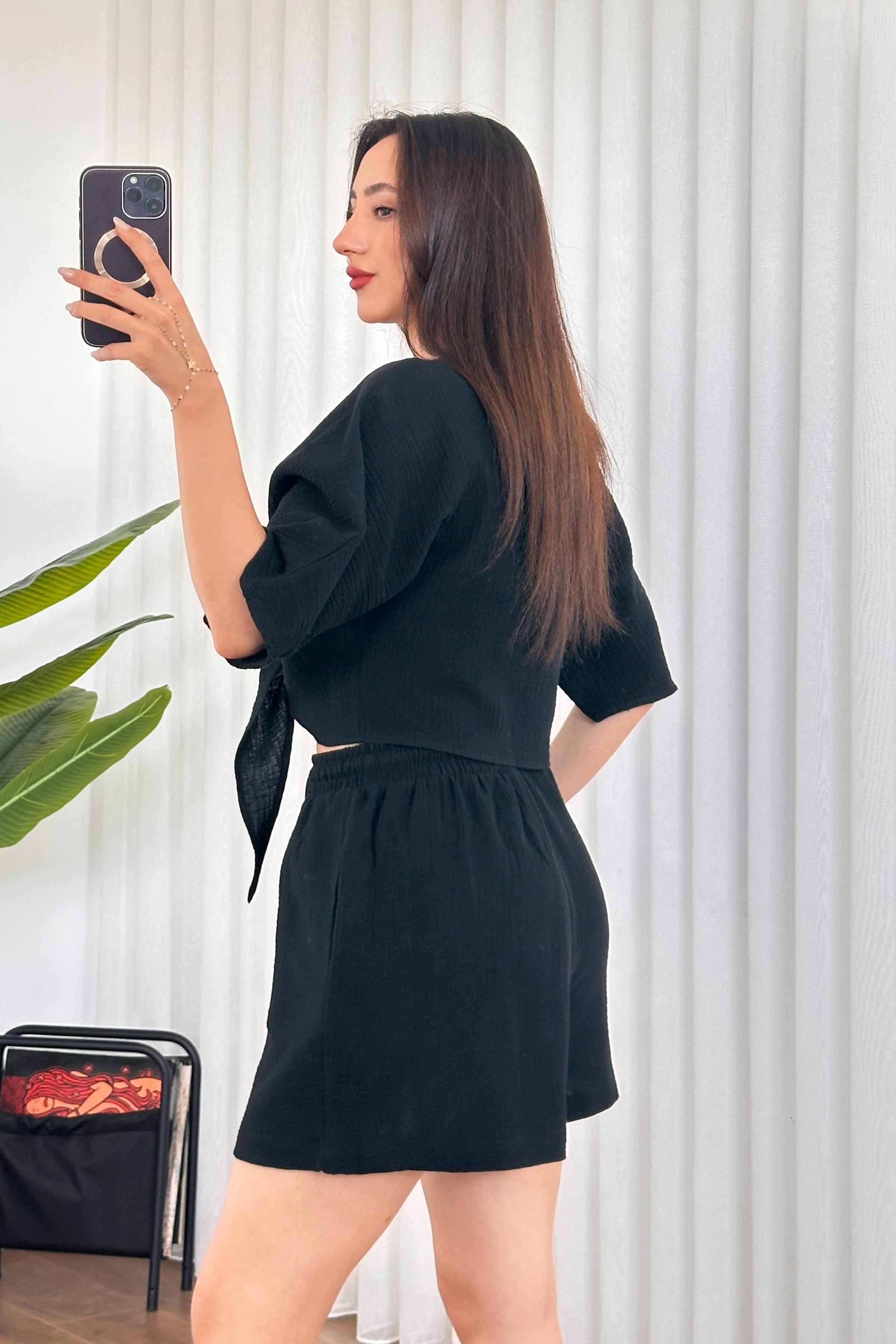 Müslin Önden Bağlamalı Kısa Model Toptan Siyah Kimono