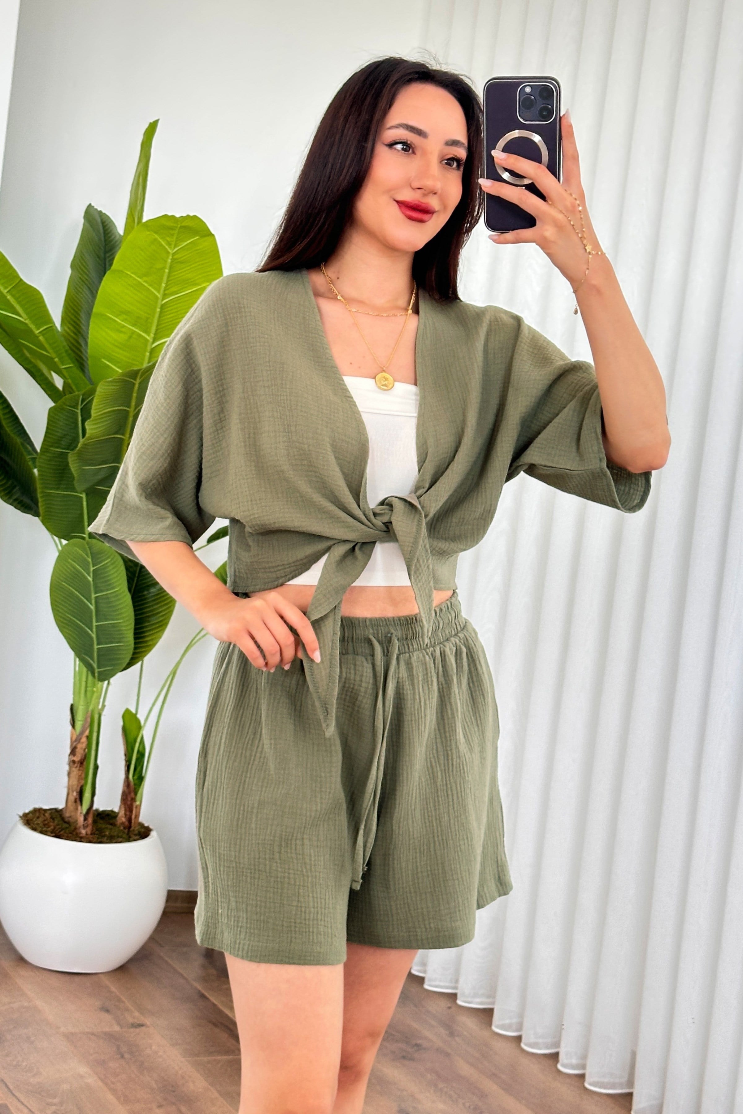 Müslin Önden Bağlamalı Kısa Model Toptan Haki Kimono