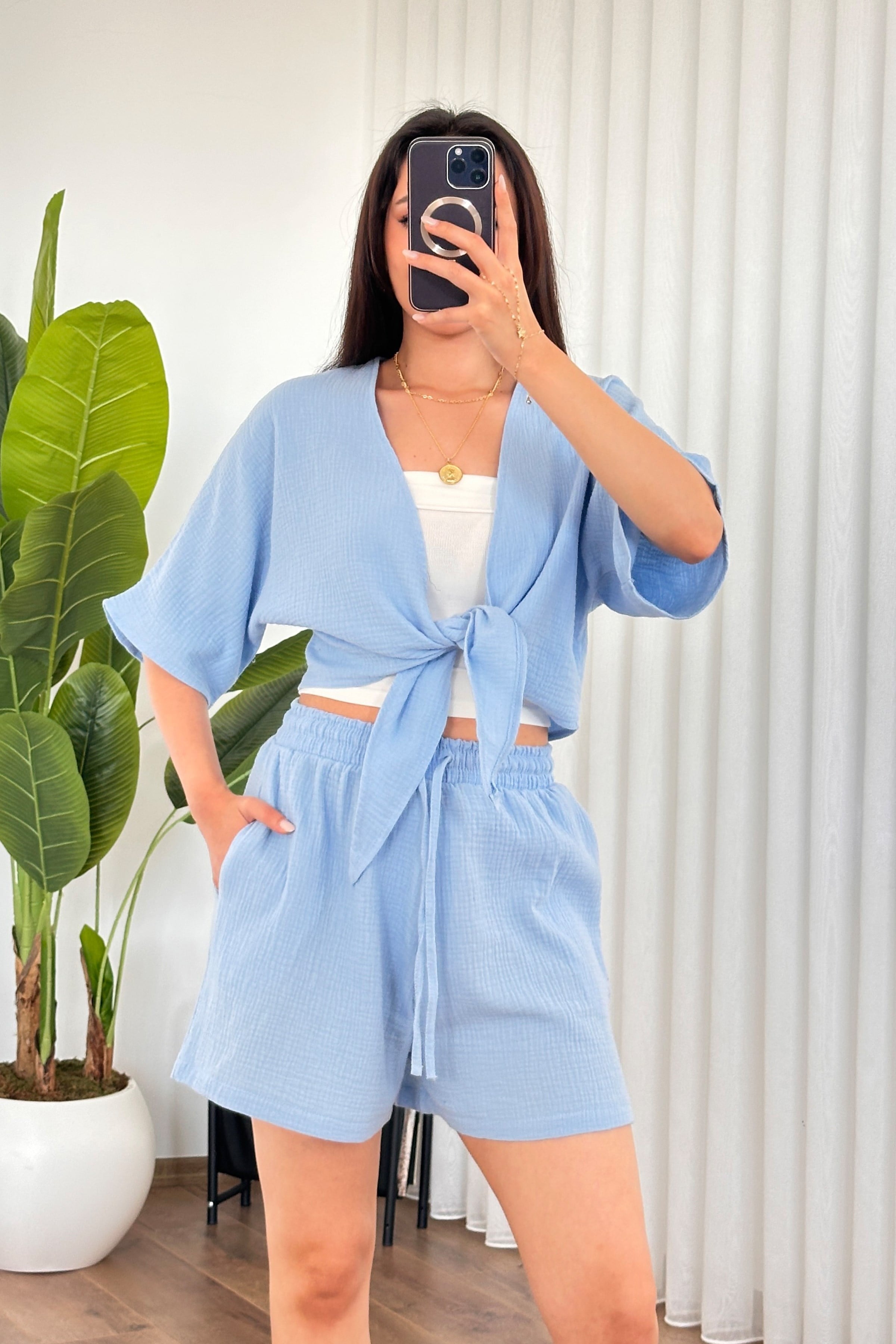 Müslin Önden Bağlamalı Kısa Model Toptan Bebe Mavisi Kimono