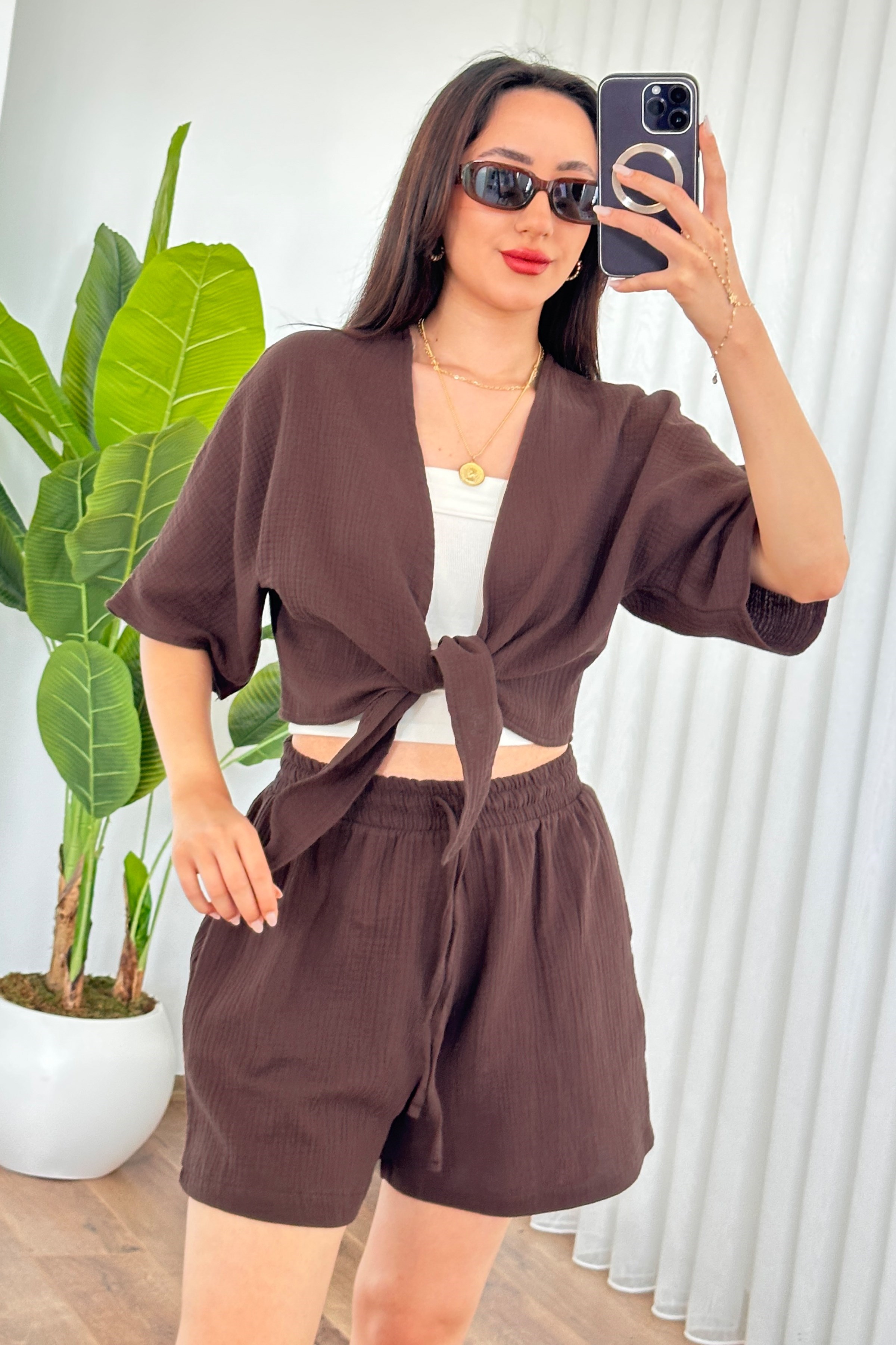 Müslin Önden Bağlamalı Kısa Model Toptan Kahve Kimono