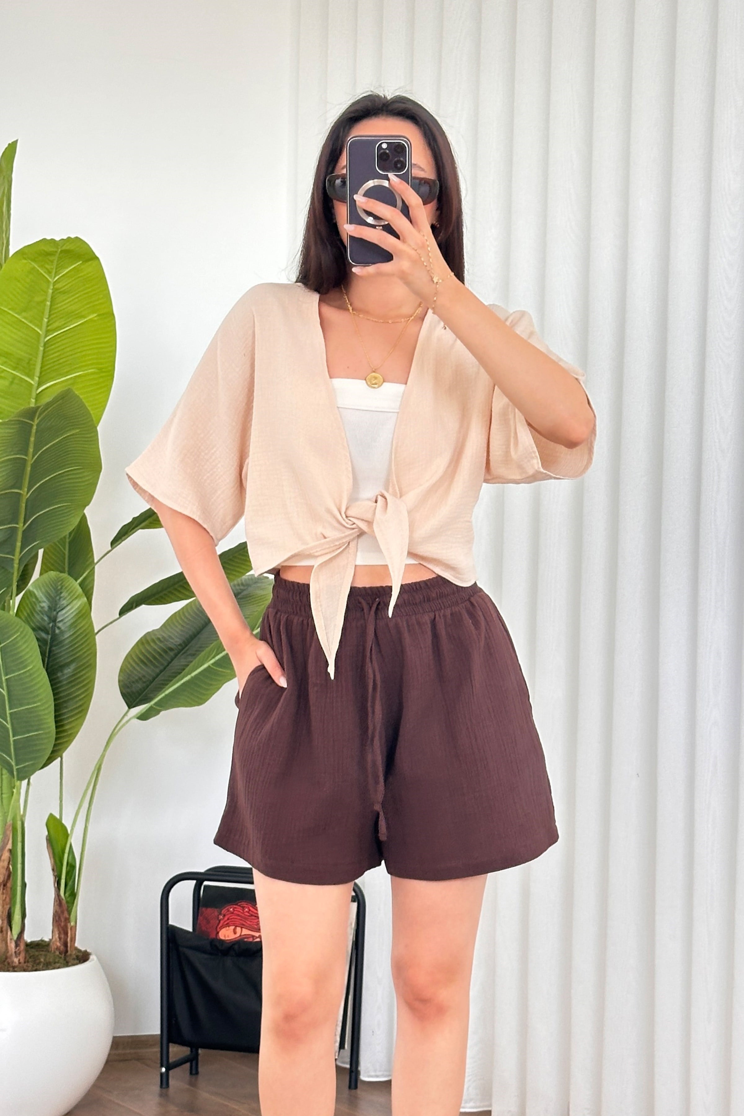 Müslin Önden Bağlamalı Kısa Model Toptan Bej Kimono