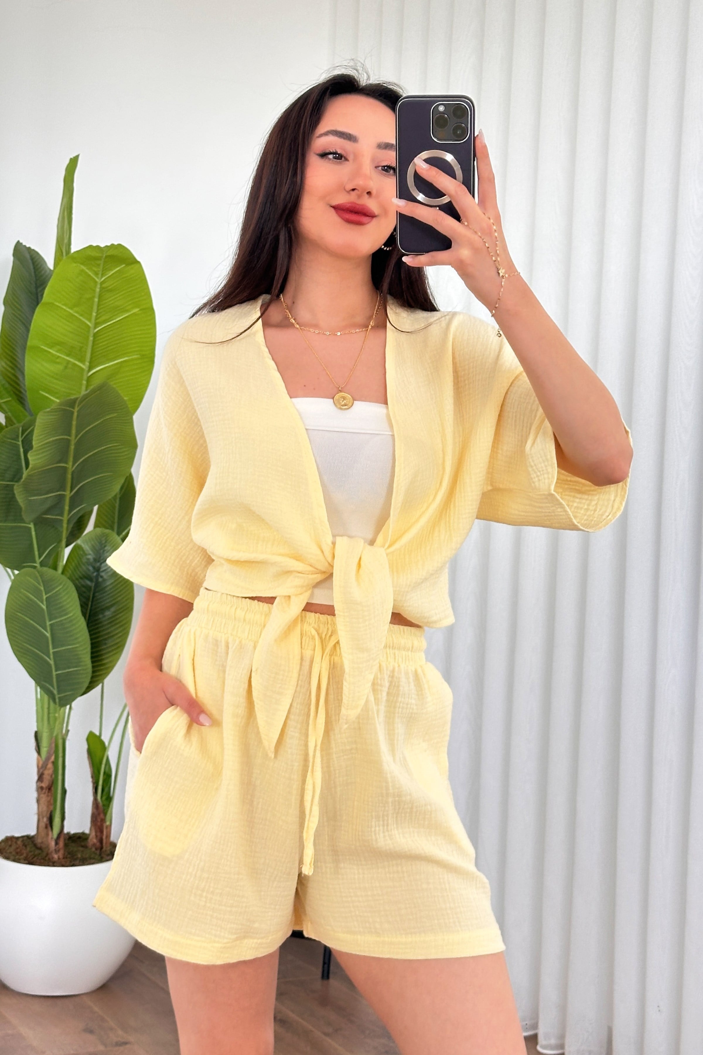 Müslin Önden Bağlamalı Kısa Model Toptan Sarı Kimono