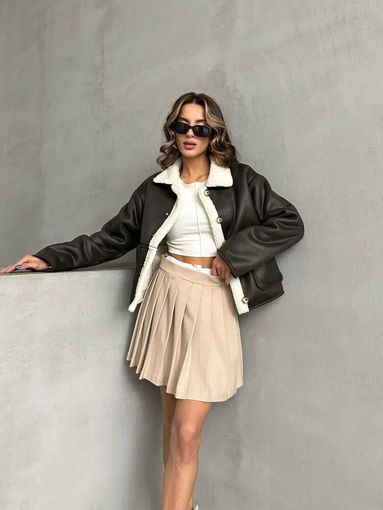 Nubuk Yakası Kürklü Toptan Mont - Antrasit Krem | TOPSHOW