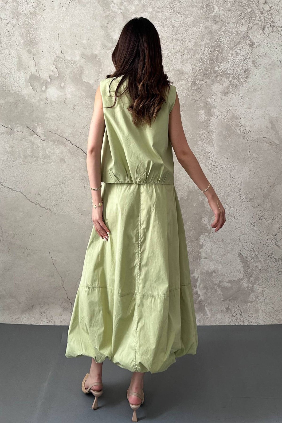 Olive Poplin Yelek Etek Takım