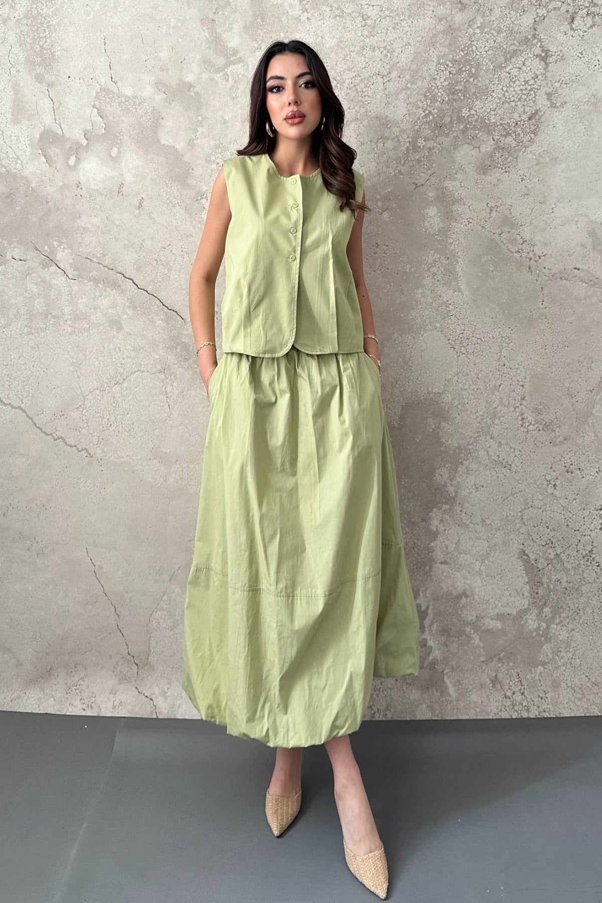 Olive Poplin Yelek Etek Takım
