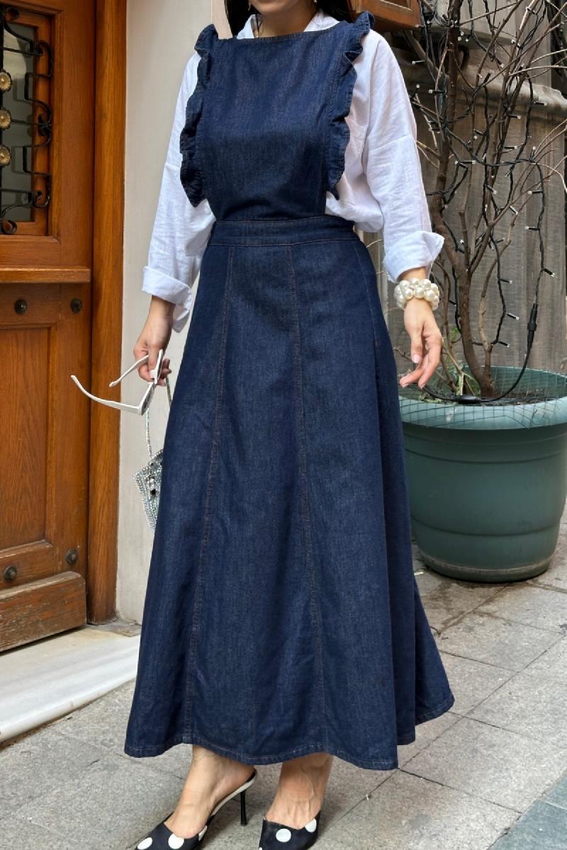 Omuzu Volanlı Fermuarlı Kot Elbise 3036-17-(S-XL)