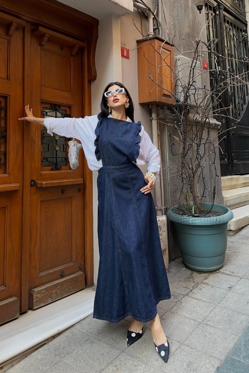 Omuzu Volanlı Fermuarlı Kot Elbise 3036-17-(S-XL)