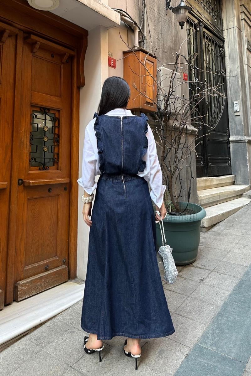 Omuzu Volanlı Fermuarlı Kot Elbise 3036-17-(S-XL)