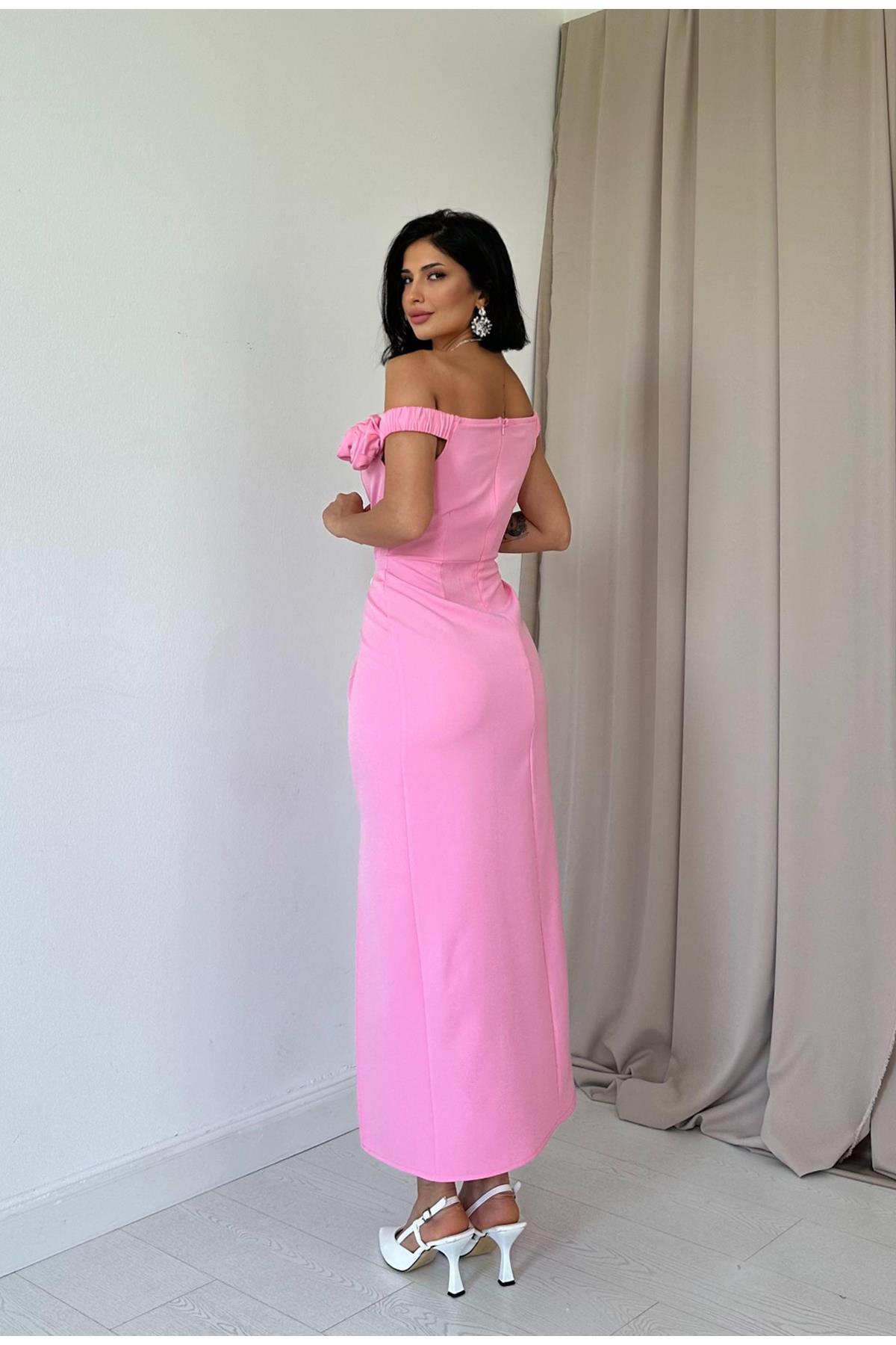 Pembe Madonna Yaka Güllü Elbise