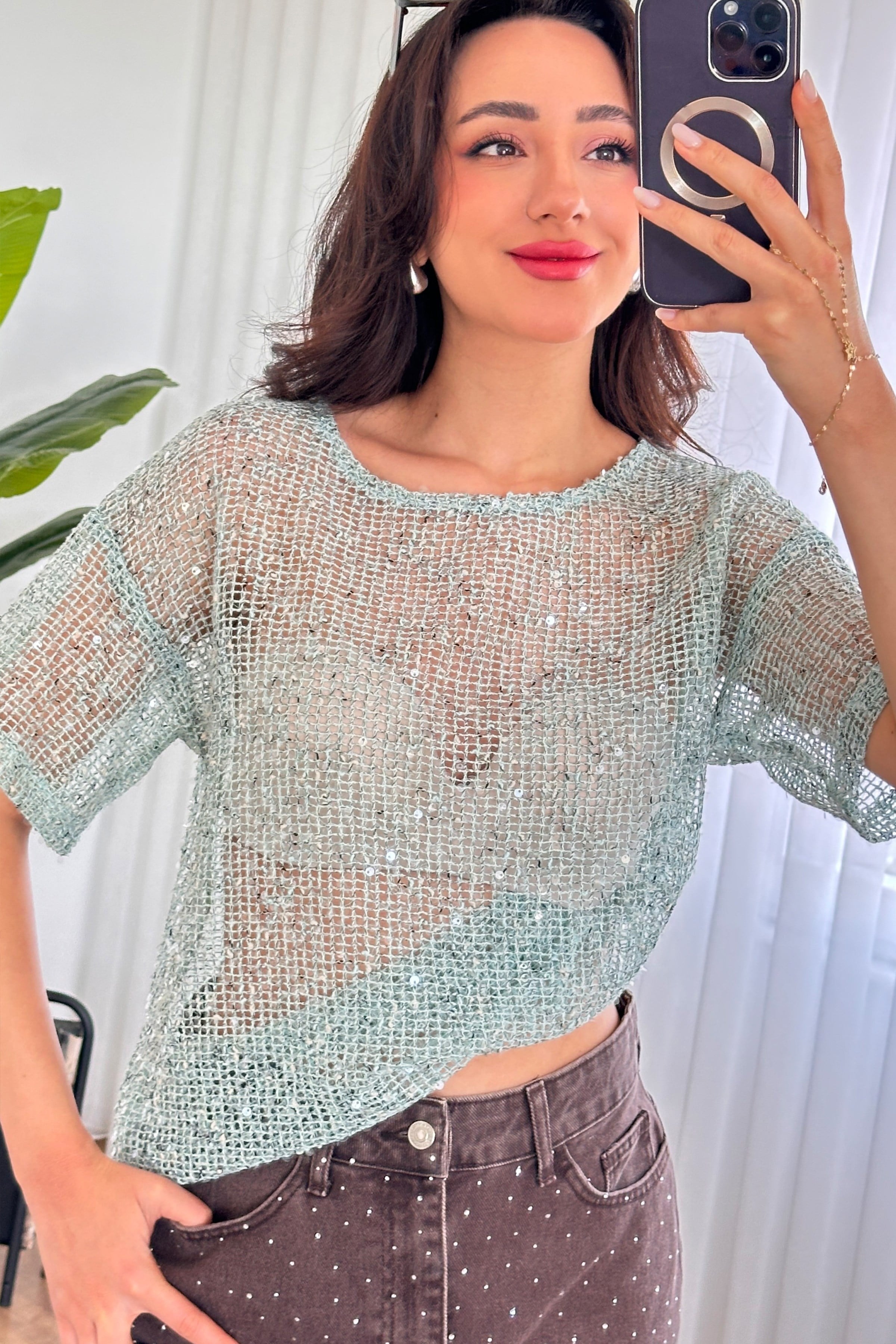 Pul Payet Geçişli Toptan Mint Bluz