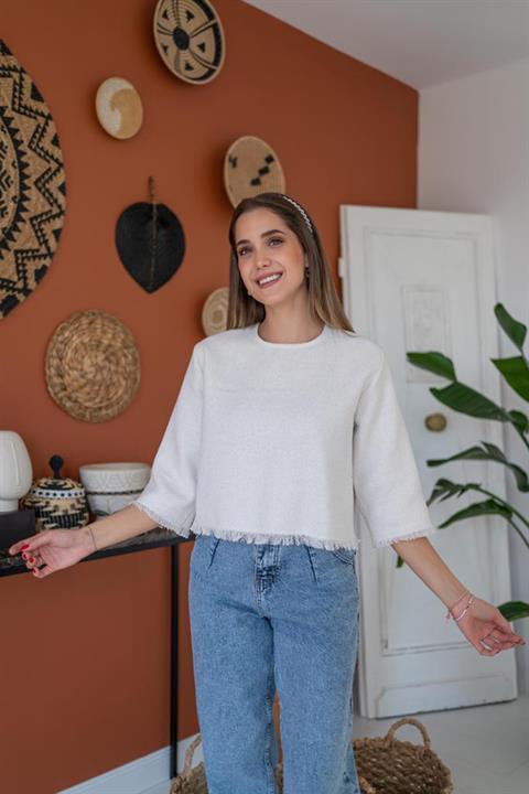 Püskül Detaylı Bluz - Beyaz