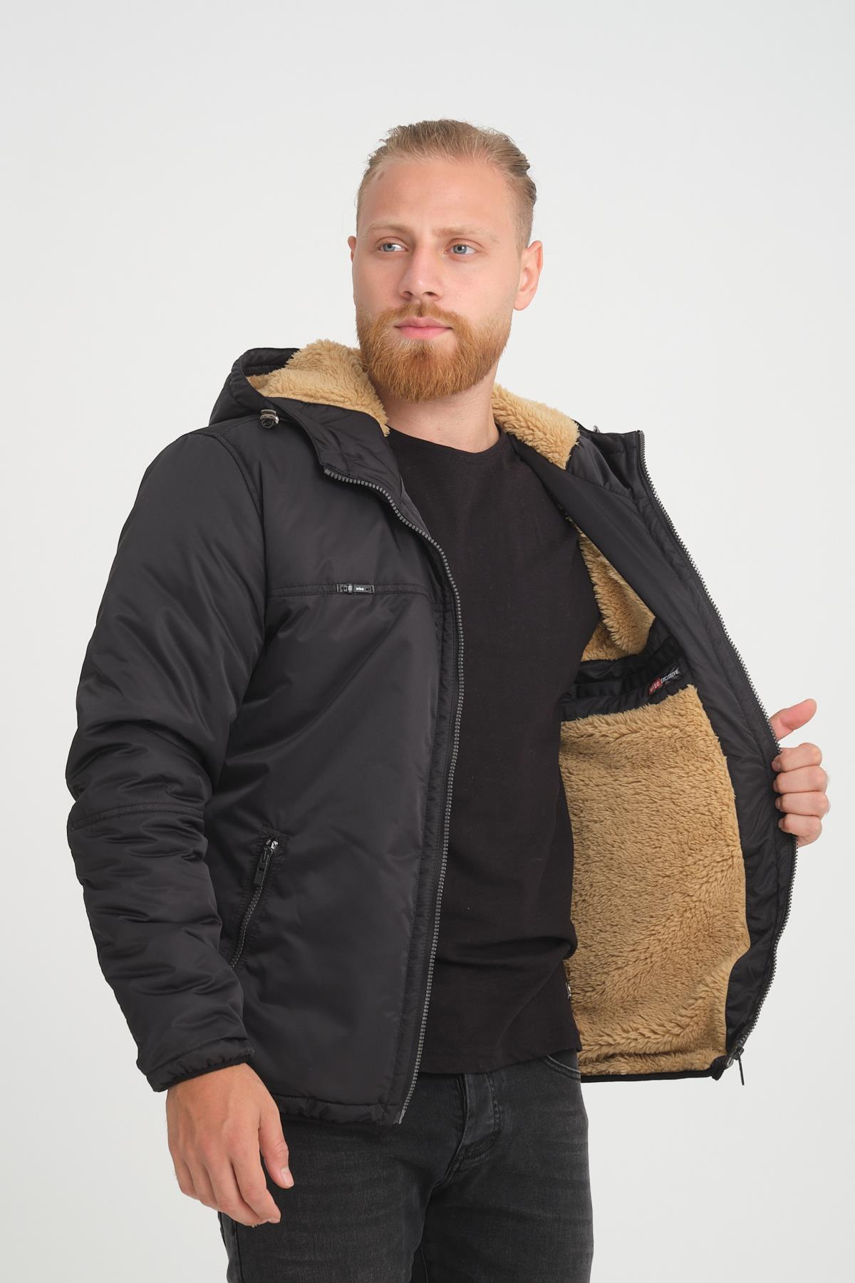 Wholesale Black Hooded Fur Lined Coat 35791S