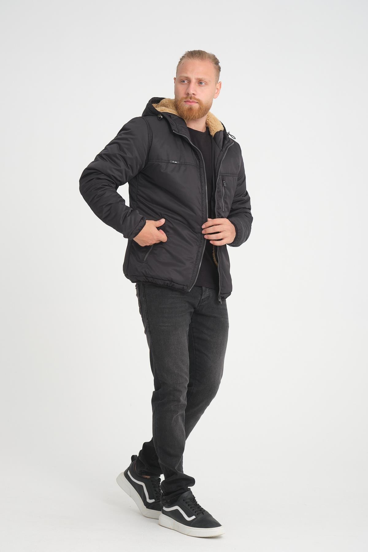 Wholesale Black Hooded Fur Lined Coat 35791S