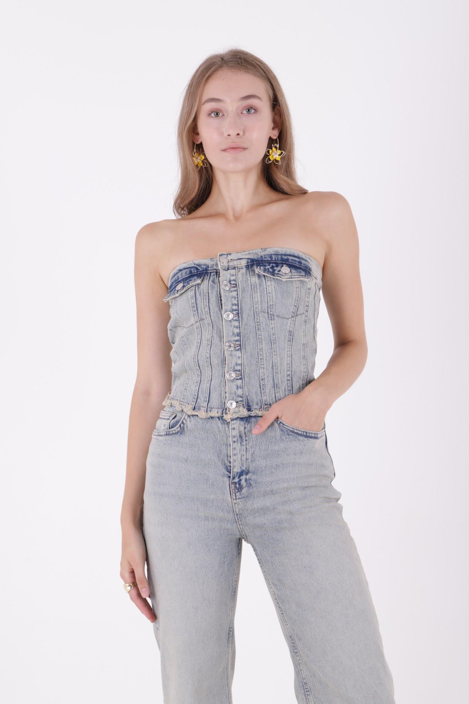 Straplez Önü Düğmeli Kot Tulum 3023-42-(XS-L-6)