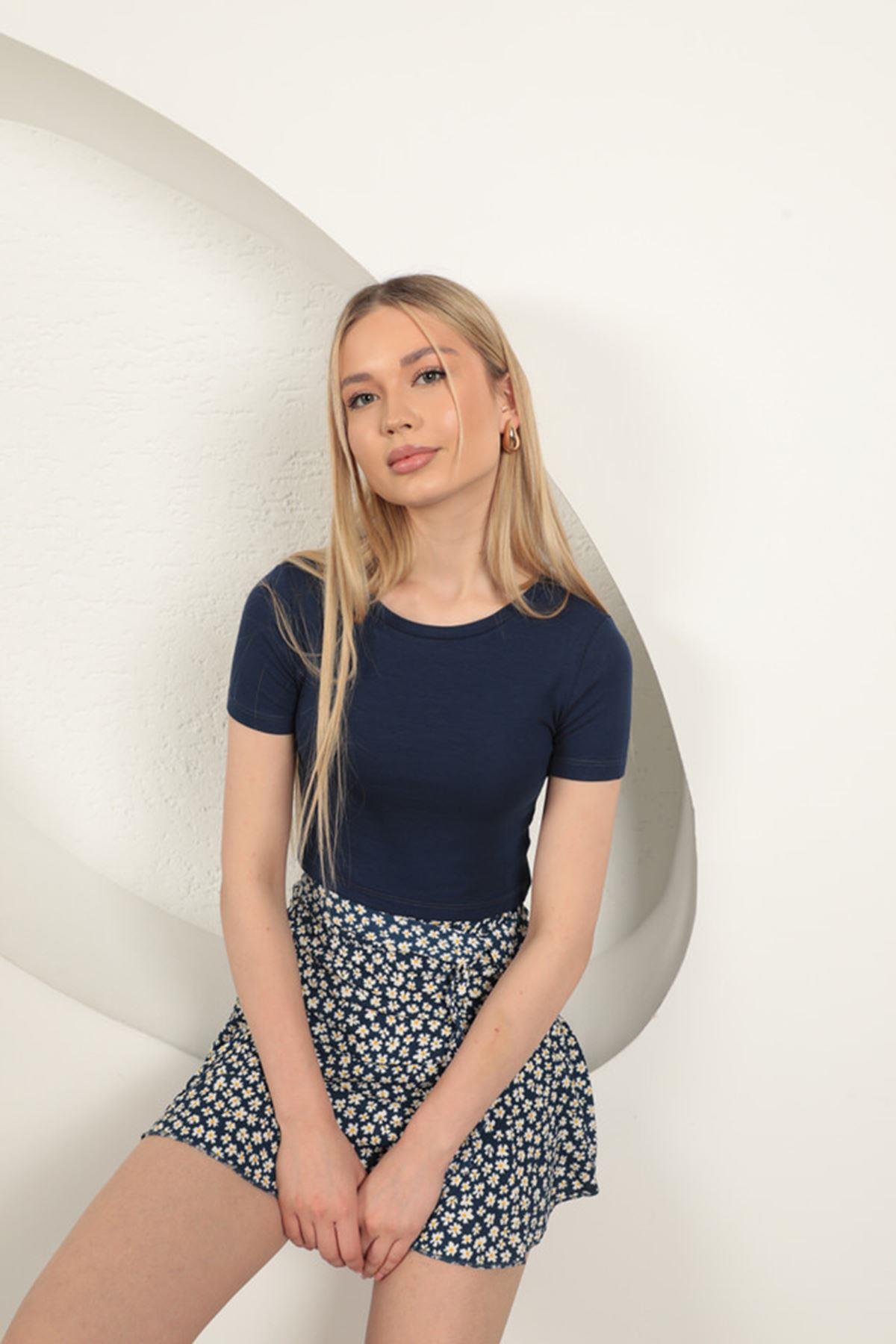 Strawberry Viscose Fabric Basic Crop-Navy Blue