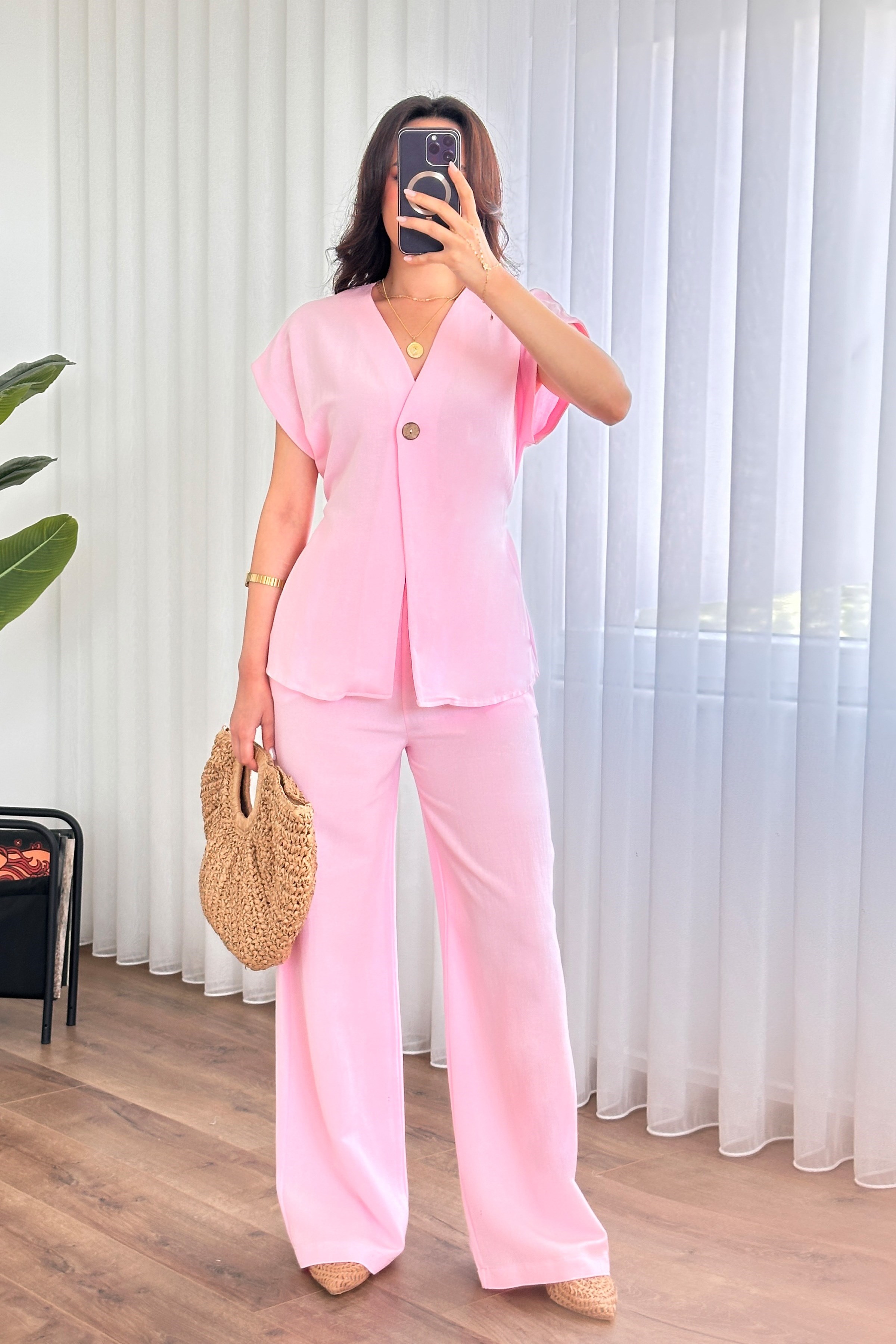 Tek Düğme Beli Bağlamalı Keten Toptan Pembe İkili Takım