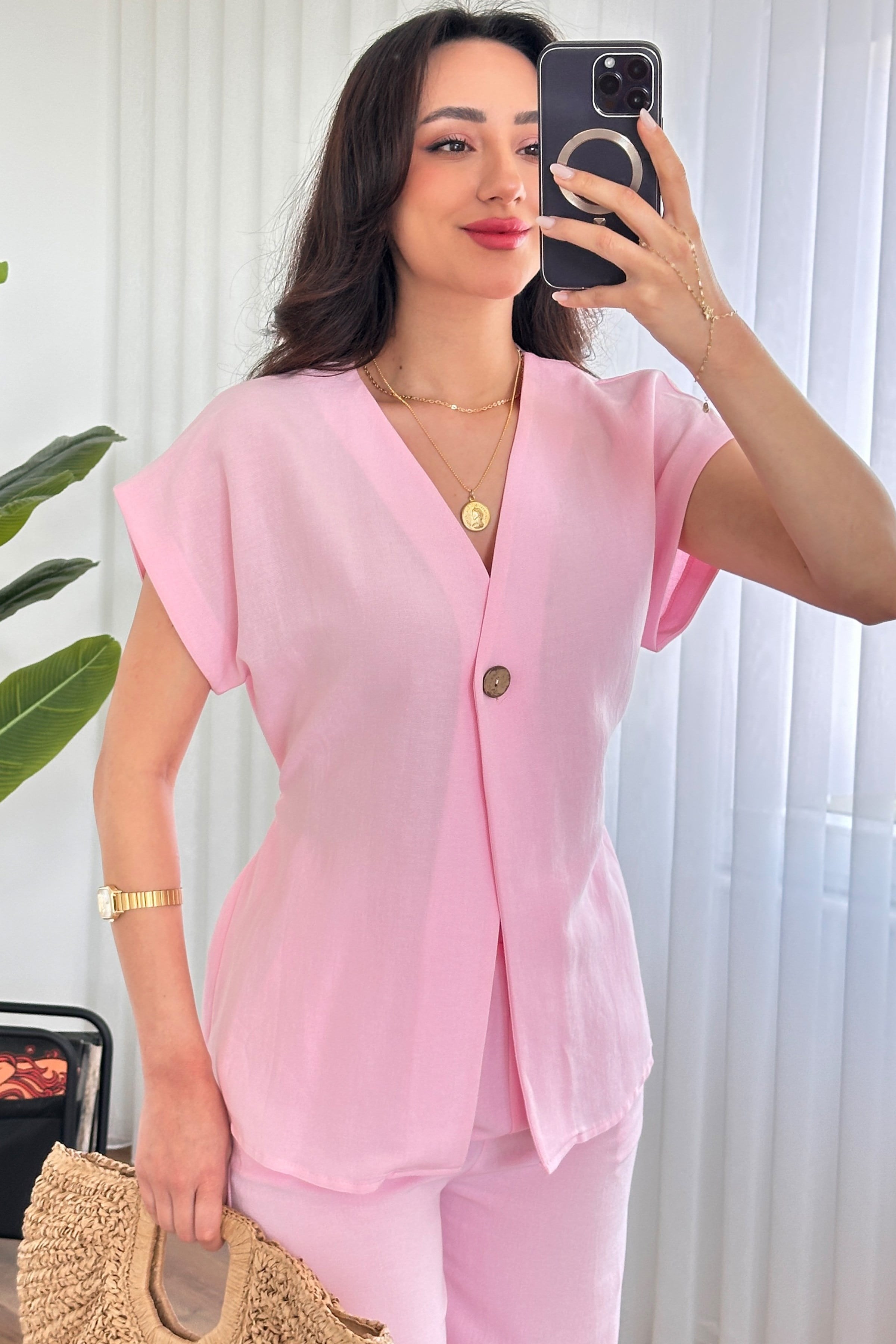 Tek Düğme Beli Bağlamalı Keten Toptan Pembe İkili Takım