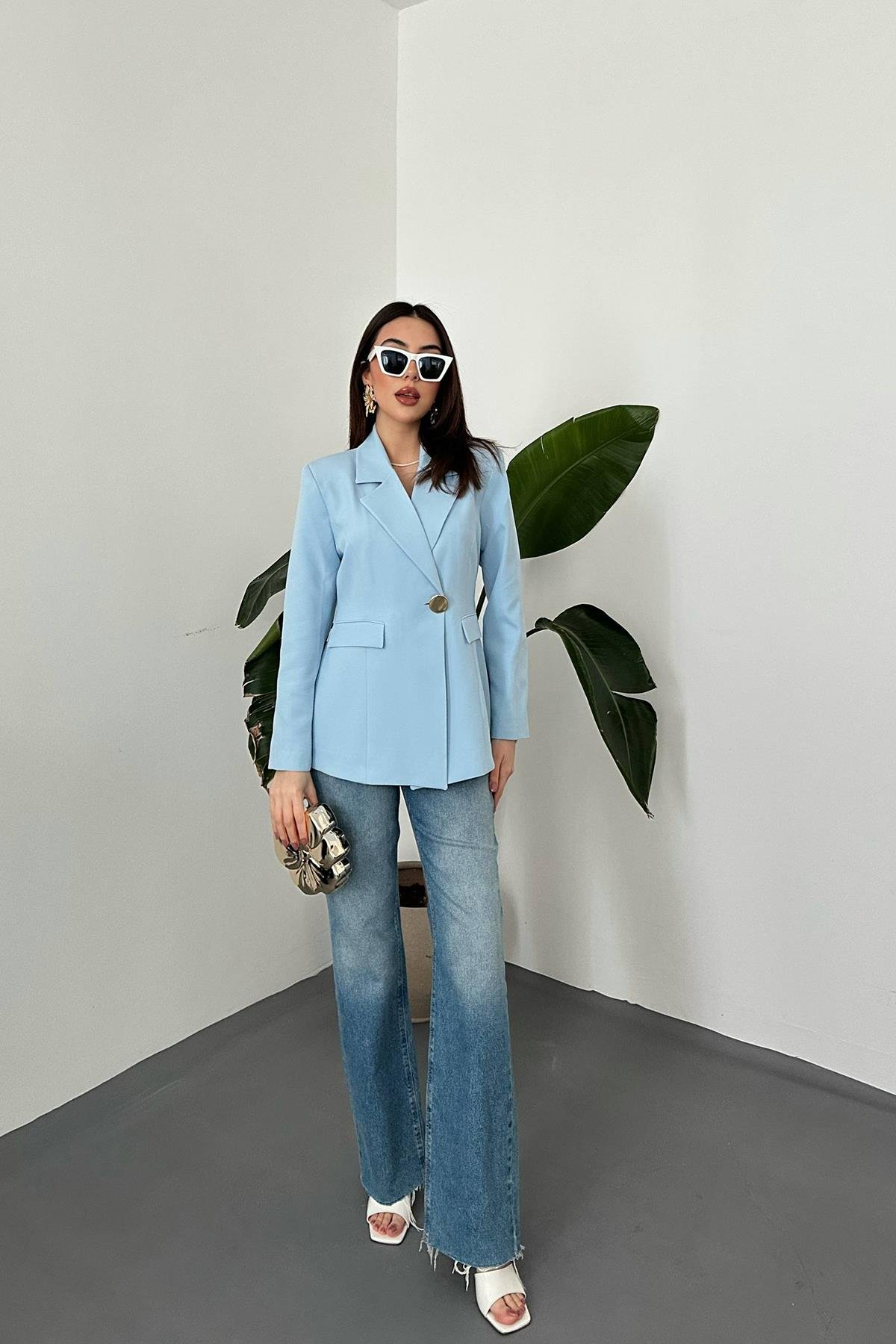 Toptan BEBE MAVİ Belden Oturtmalı Blazer Ceket