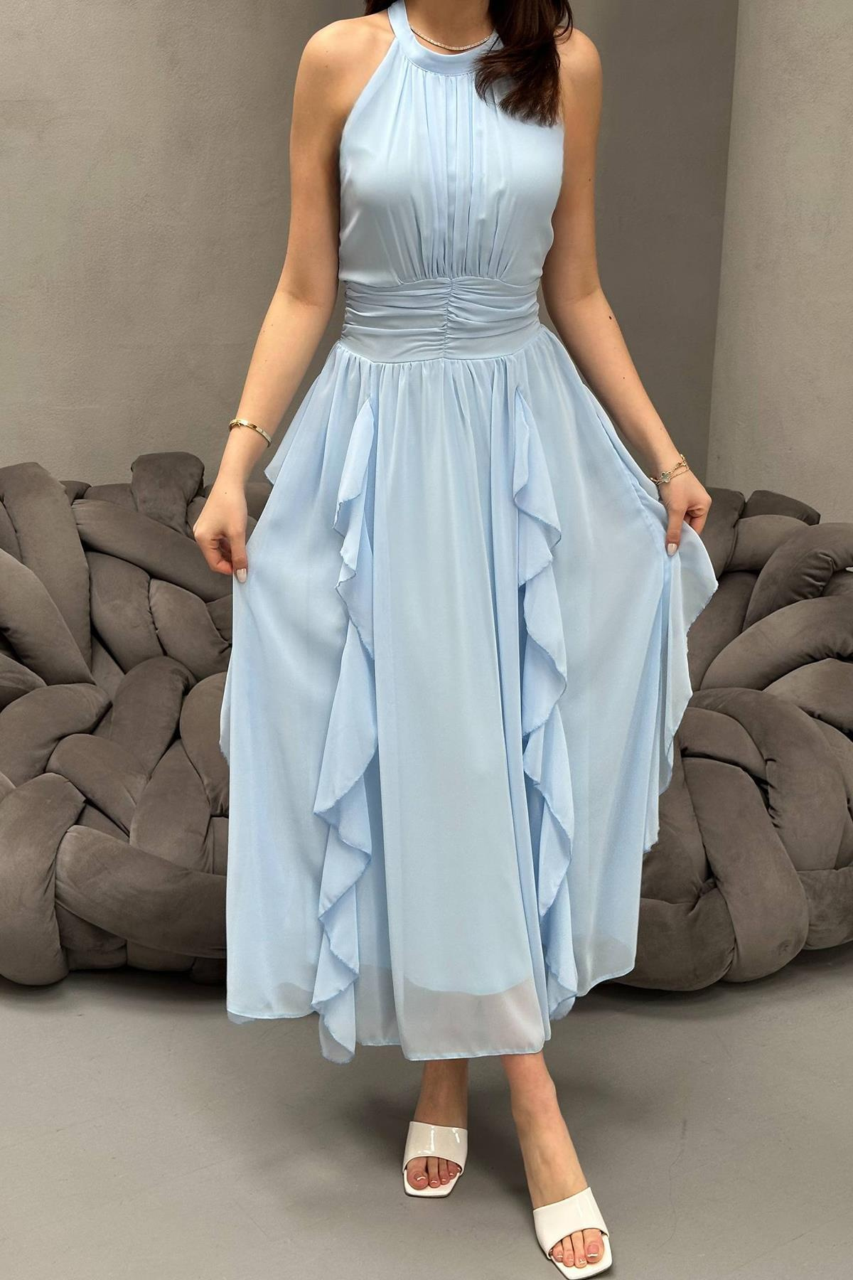 Toptan Bebe Mavi Önü Büzgülü Fırfırlı Elbise