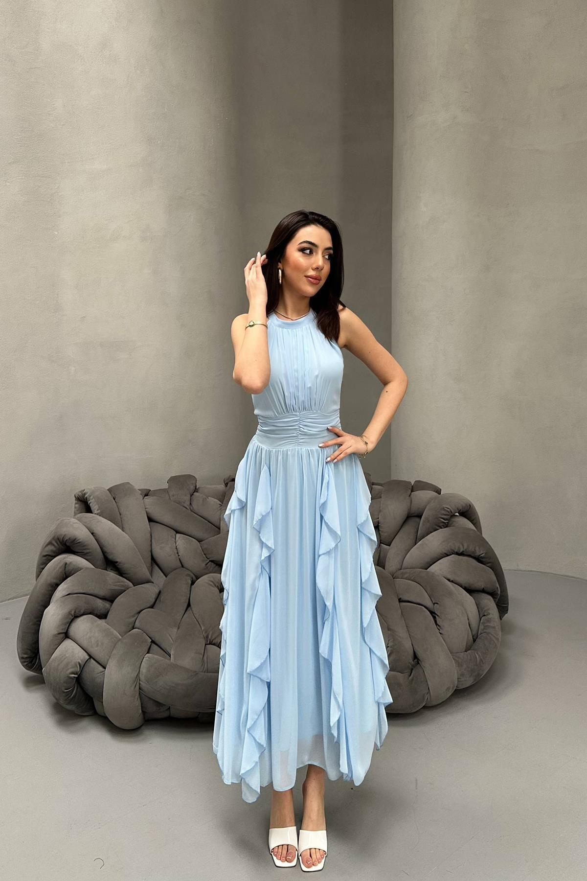 Toptan Bebe Mavi Önü Büzgülü Fırfırlı Elbise