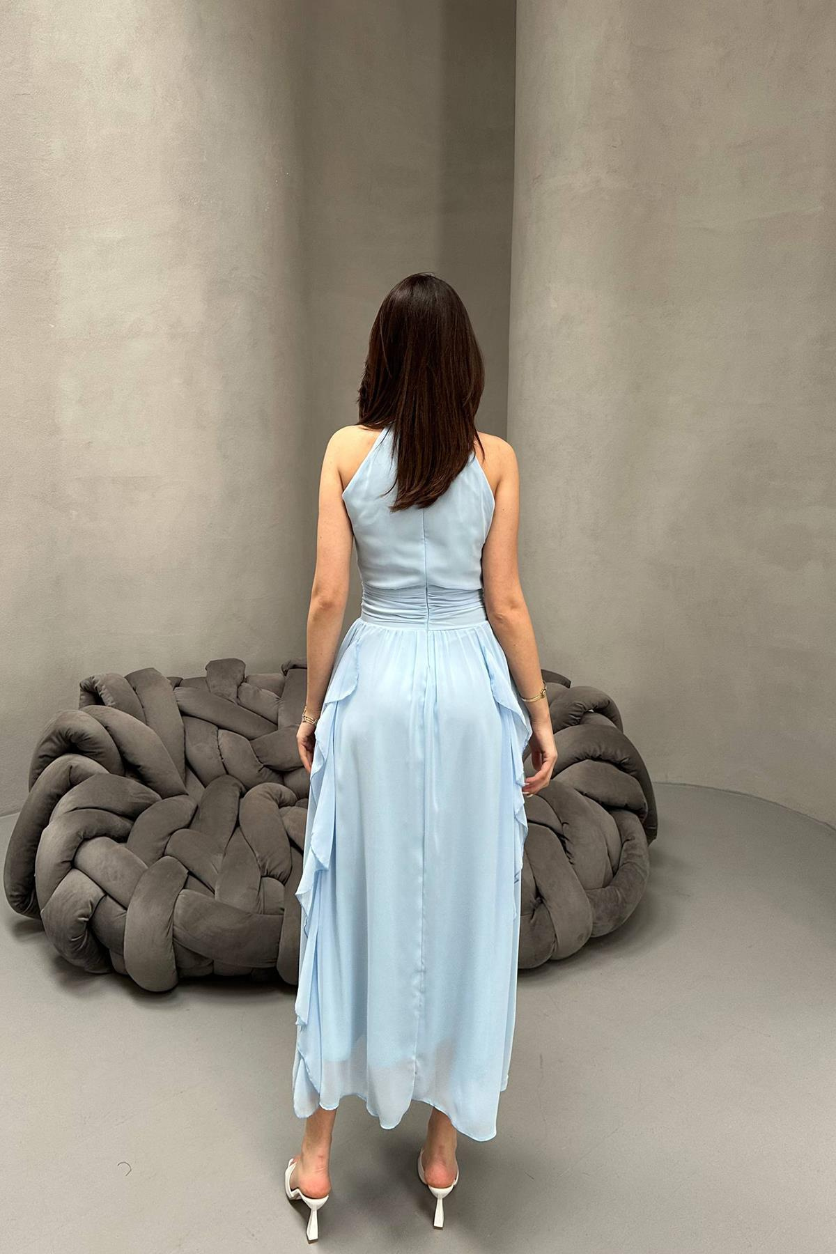 Toptan Bebe Mavi Önü Büzgülü Fırfırlı Elbise