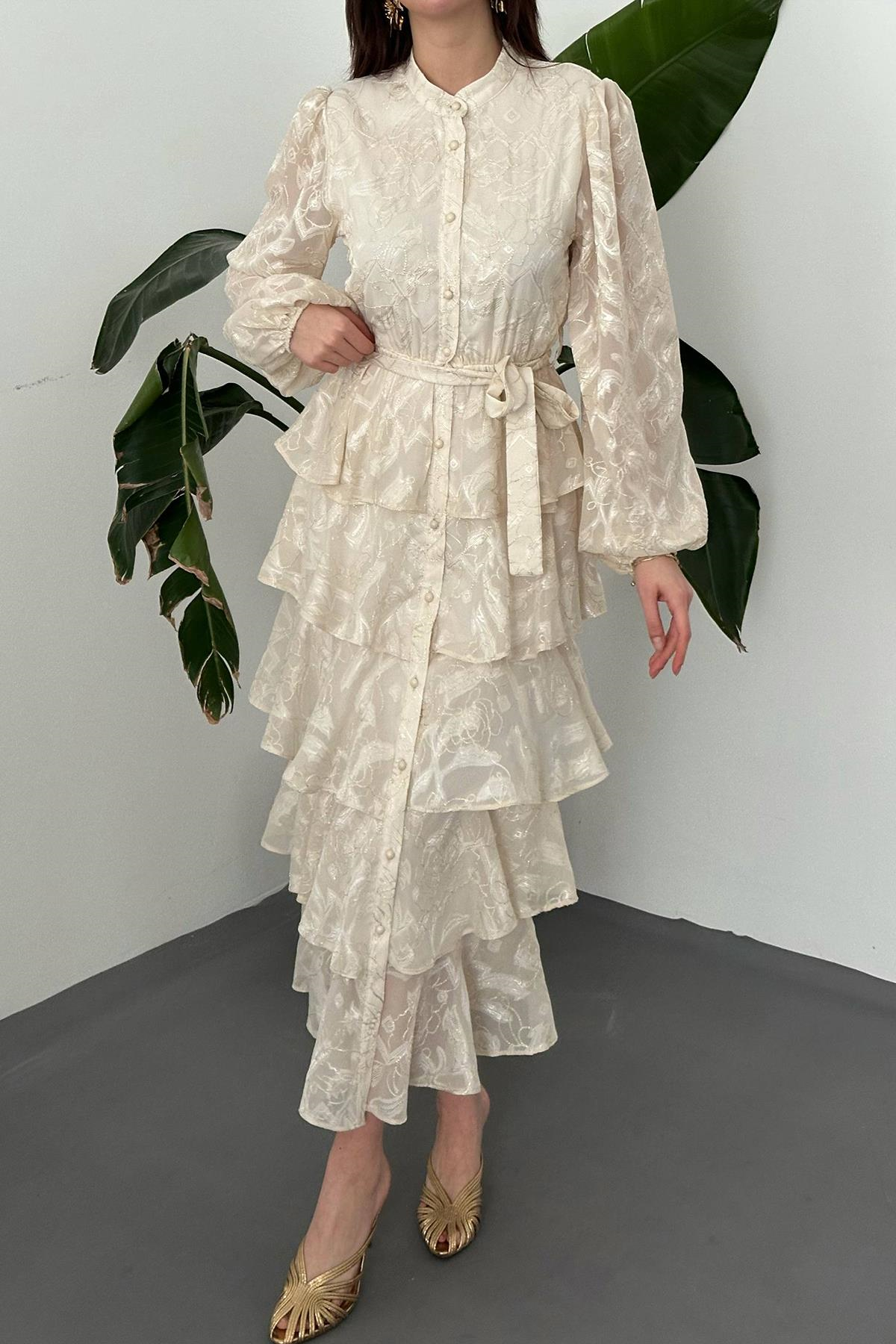 Toptan BEJ Kat Kat Jakarlı Elbise