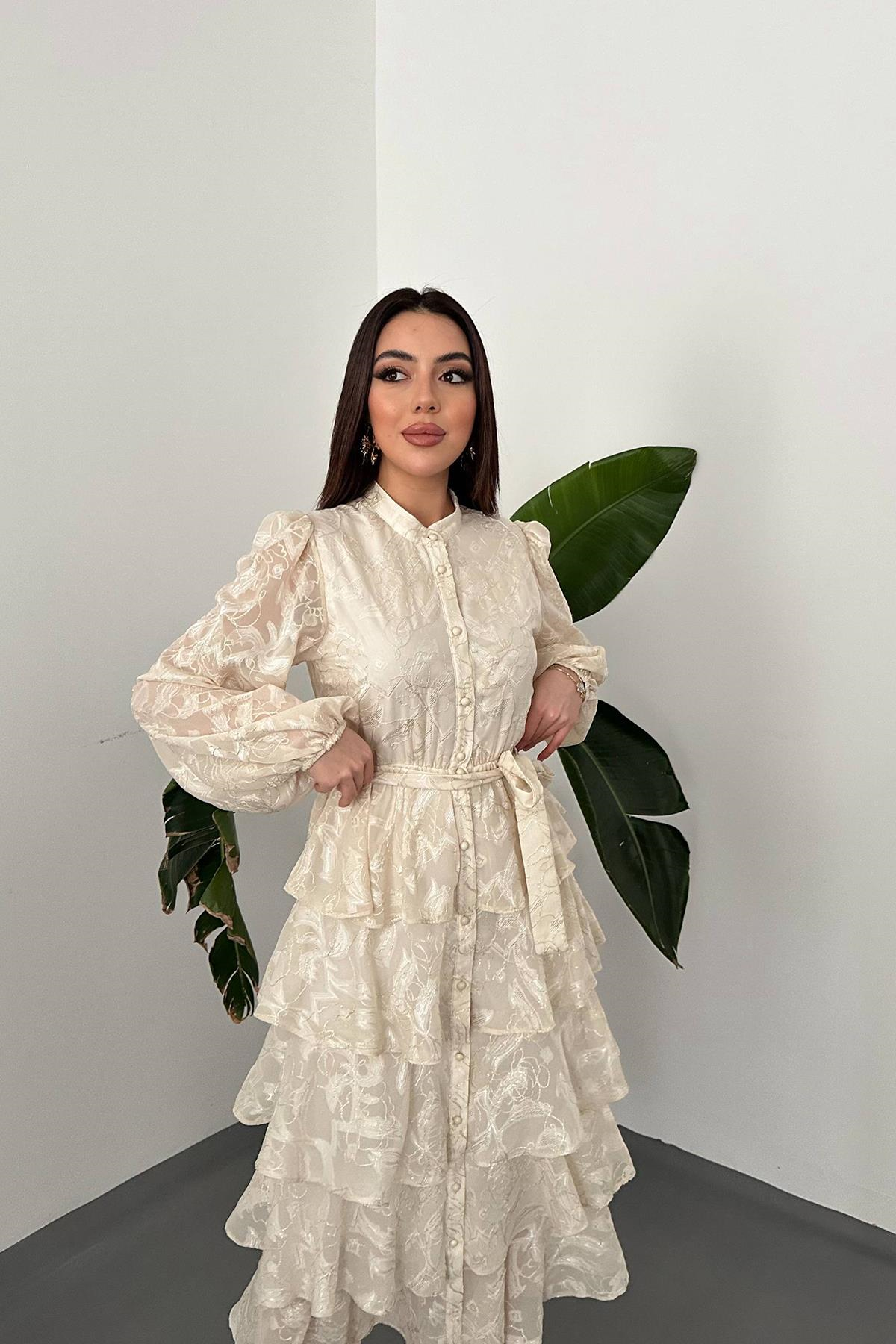 Toptan BEJ Kat Kat Jakarlı Elbise