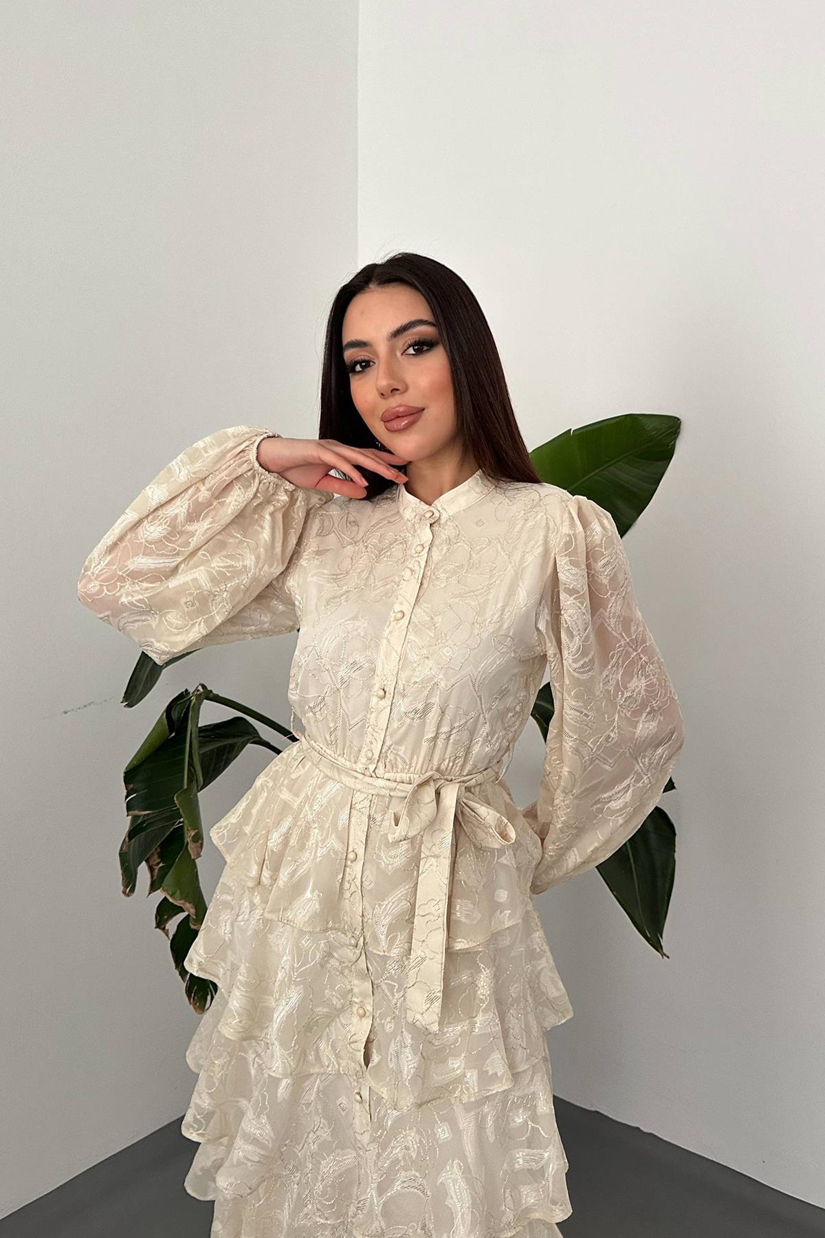 Toptan BEJ Kat Kat Jakarlı Elbise