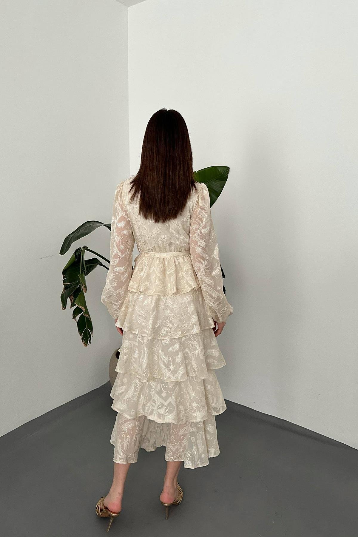 Toptan BEJ Kat Kat Jakarlı Elbise