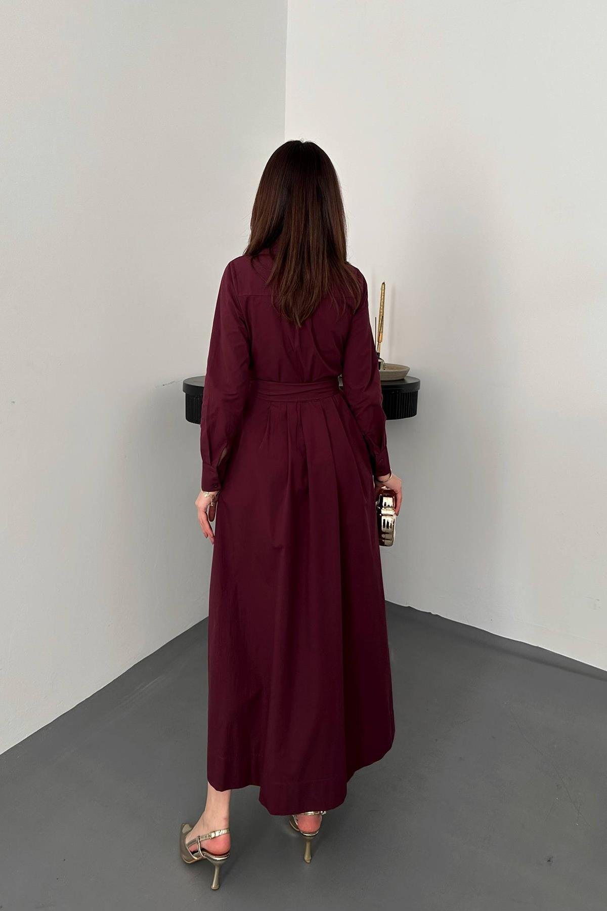 Toptan BORDO Düğmeli Poplin Elbise