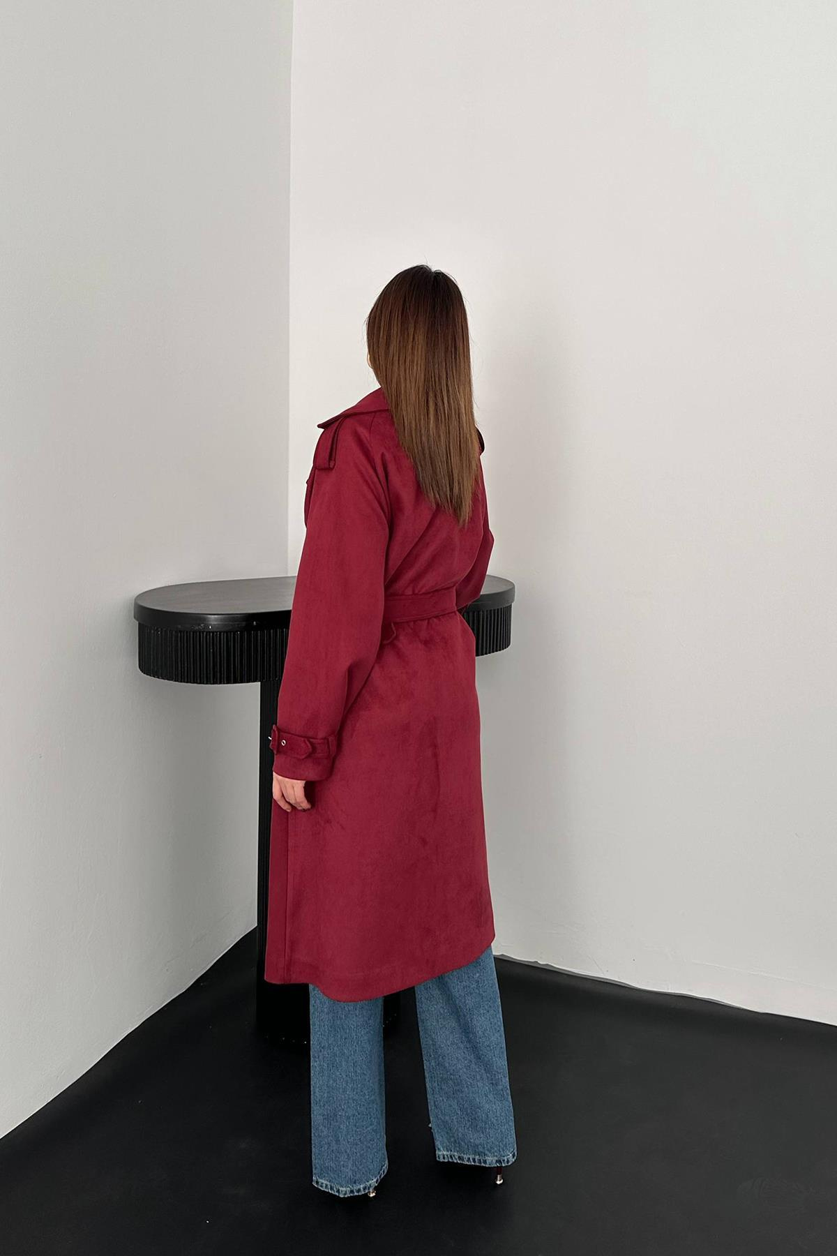 Toptan Bordo Reglan Kollu Süet Trençkot
