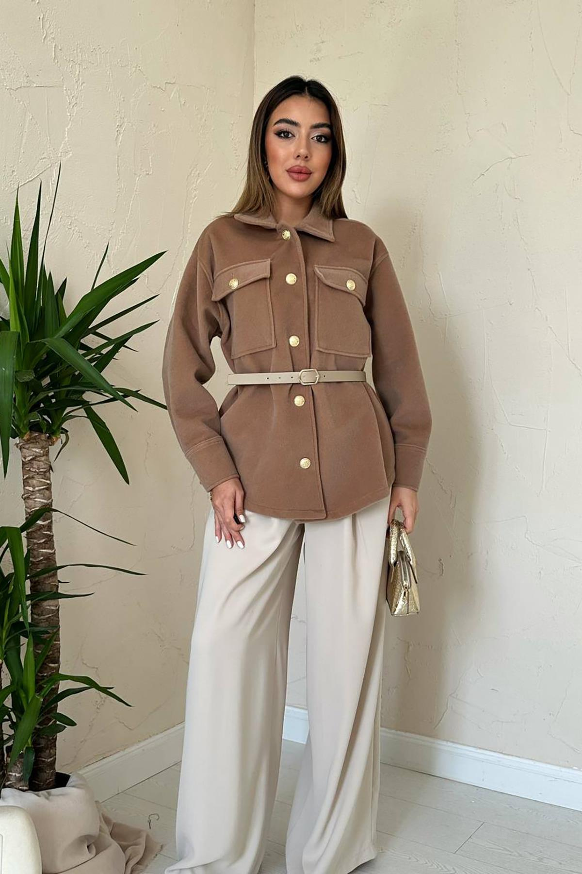 Toptan Camel Kaşe Gold Düğmeli Gömlek