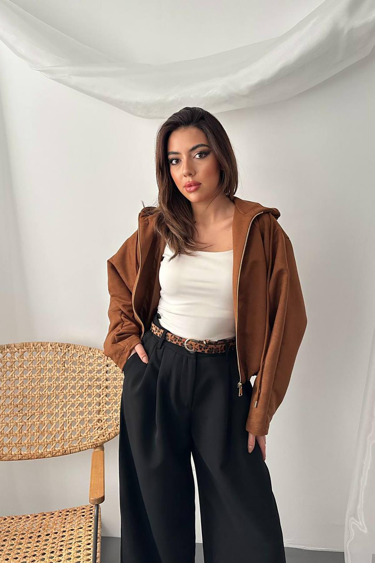 Toptan Camel Kısa Kapüşonlu Ceket