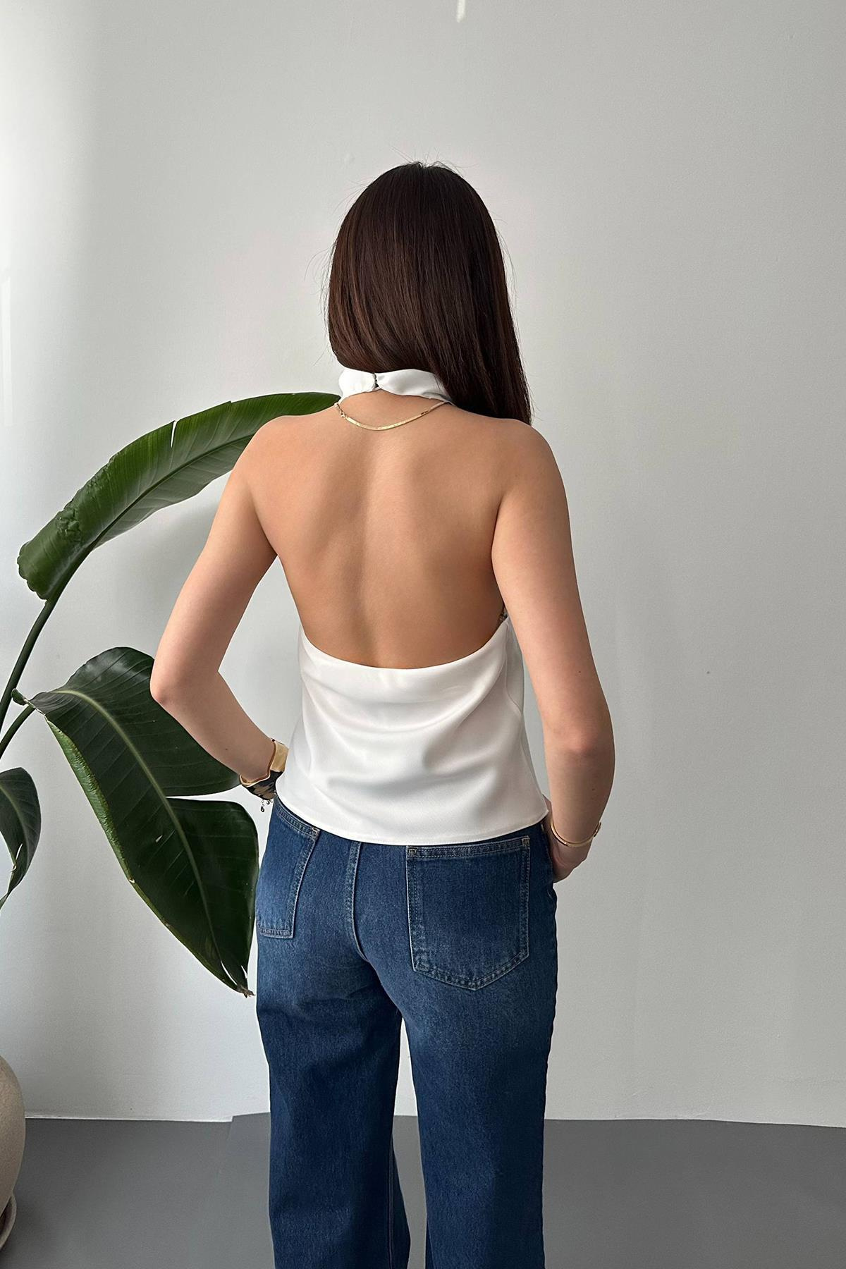 Toptan Ekru Degaje Saten Bluz