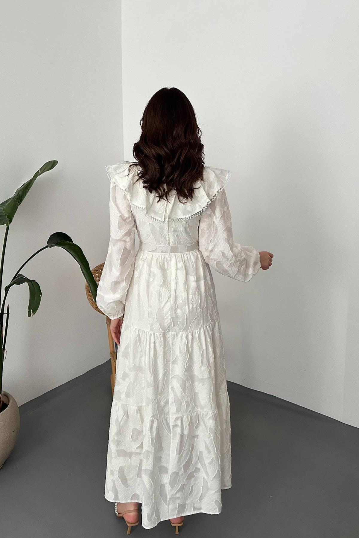 Toptan Ekru Fırfırlı Brodeli Elbise