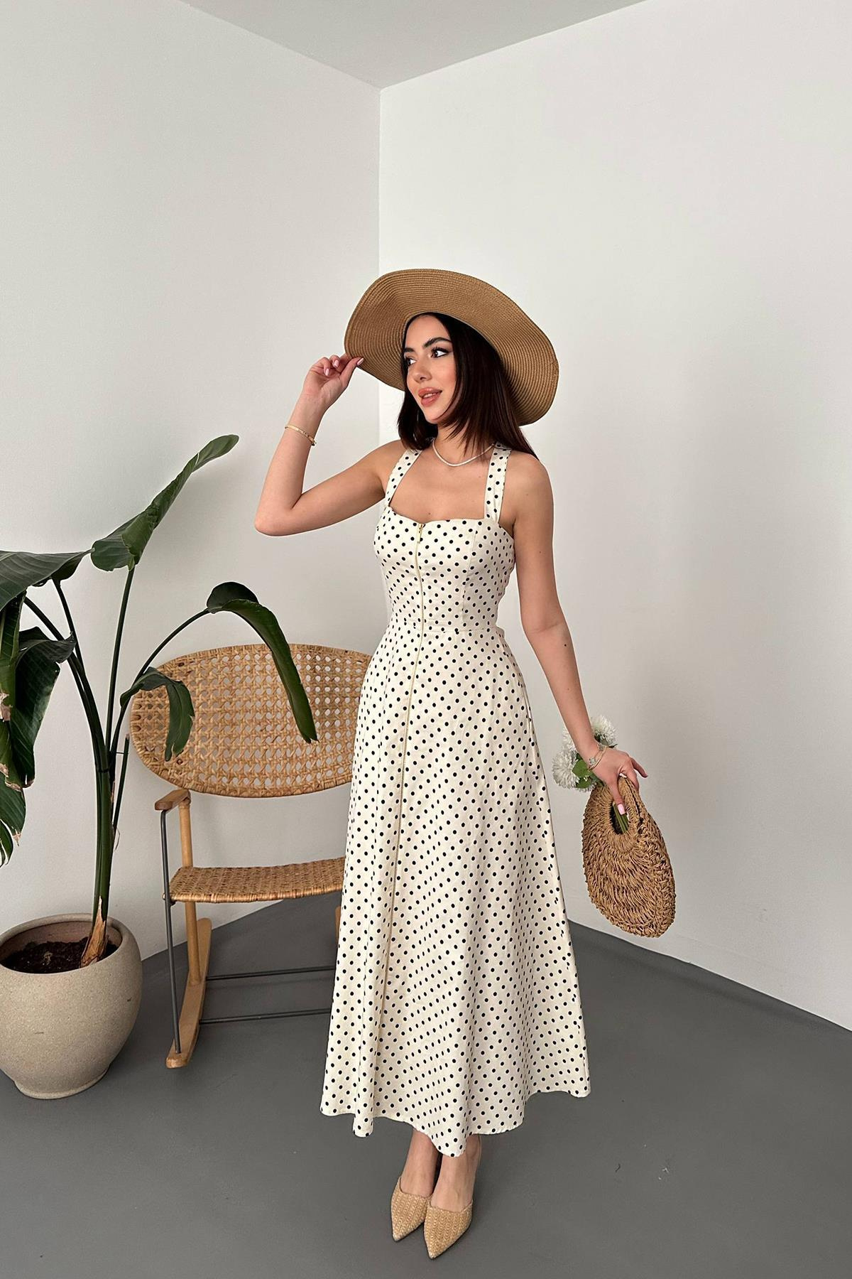 Toptan Ekru Puantiyeli Elbise