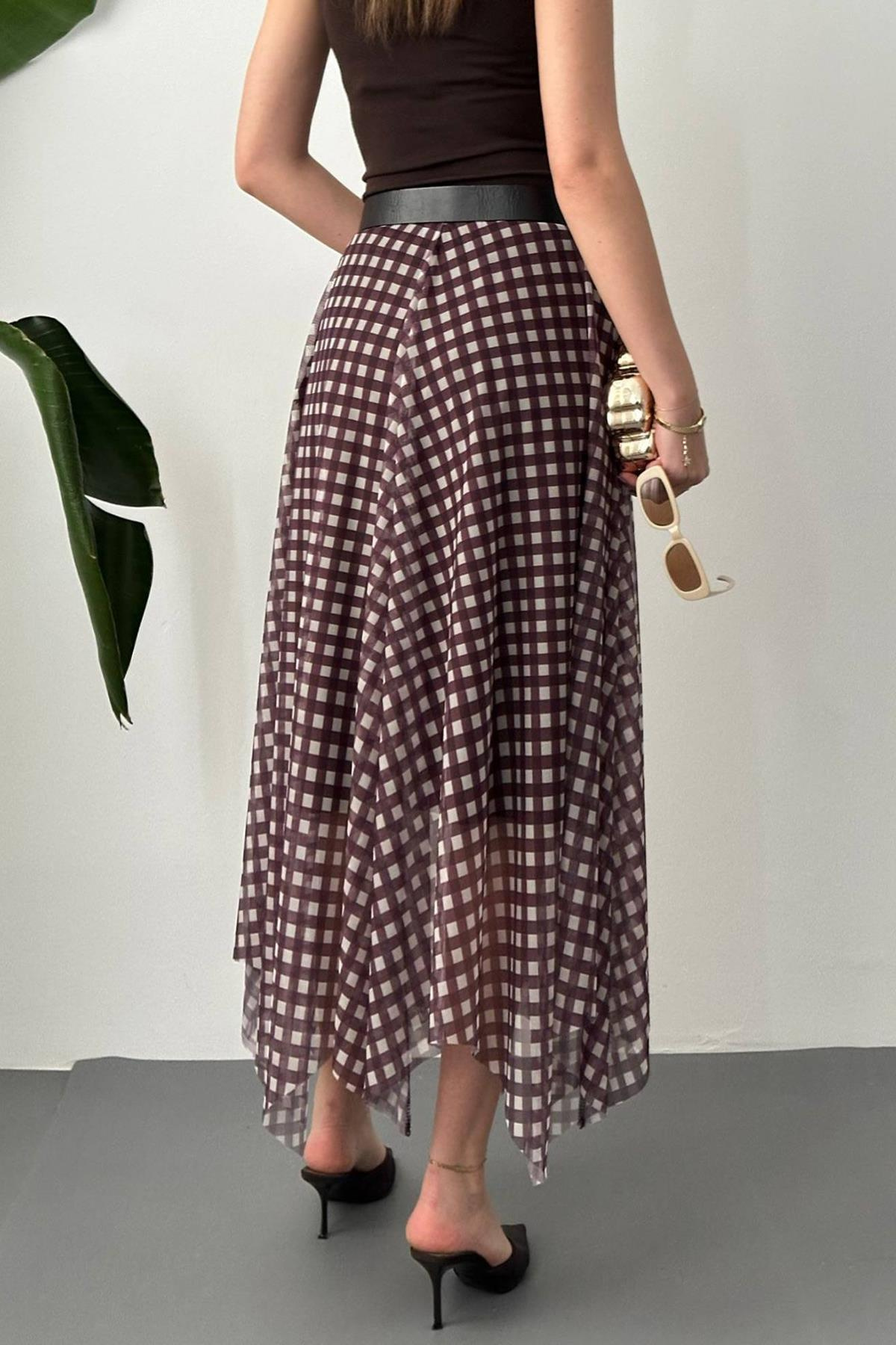 Toptan Kahverengi Ekose Desen Tül Etek