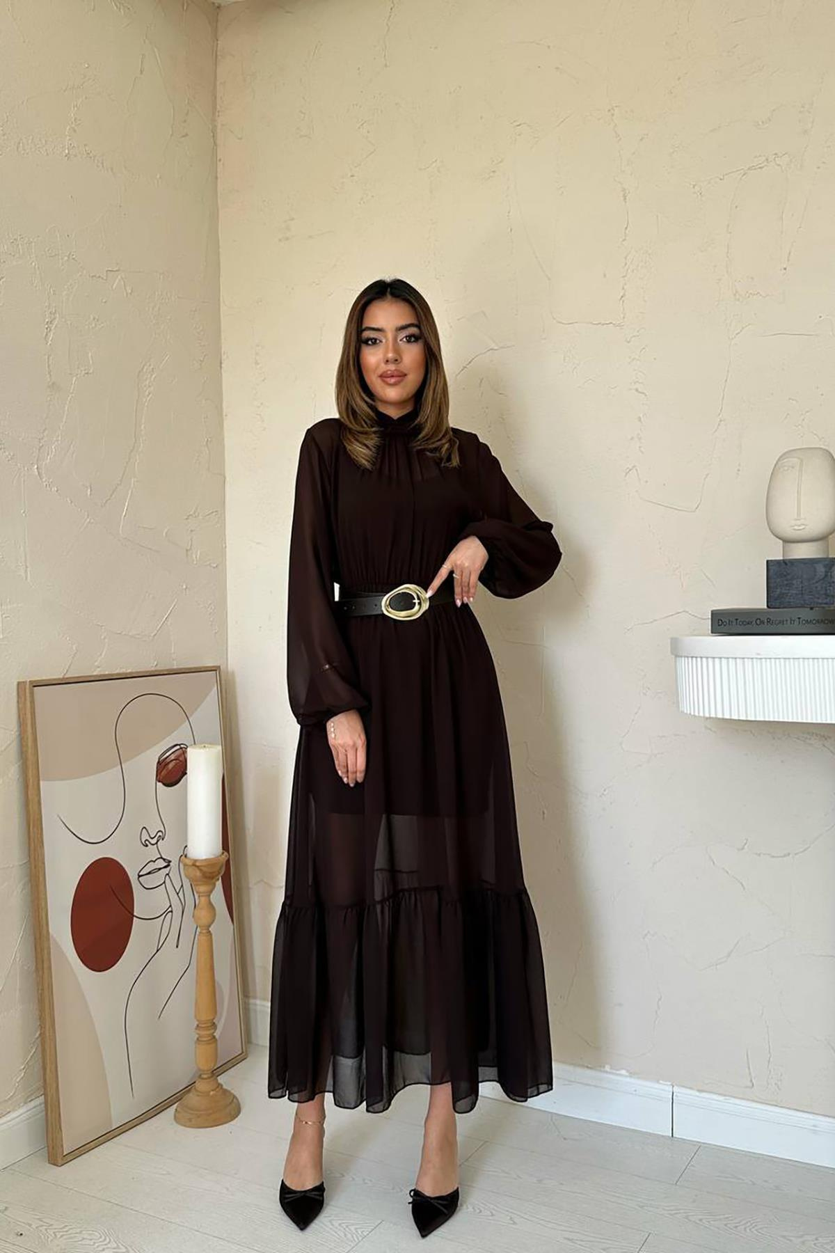 Toptan Kahverengi Eteği Fırfırlı Şifon Elbise