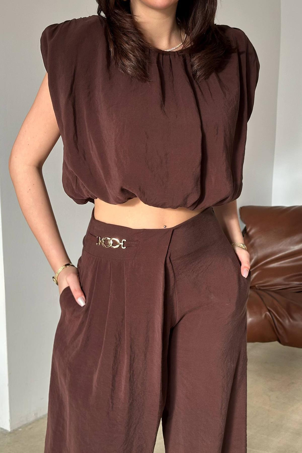 Toptan Kahverengi Modal Bluz Ve Pantolon Takım