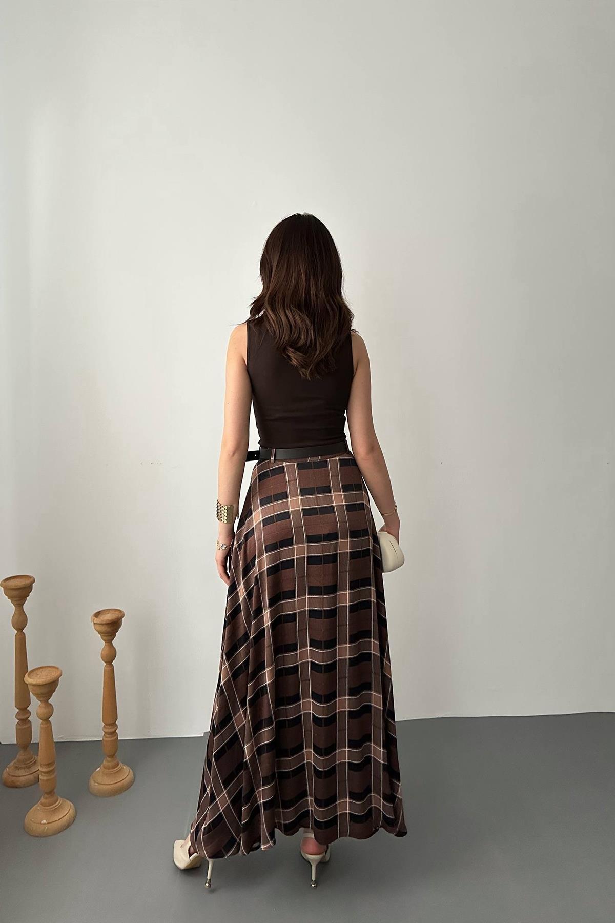 Toptan Koyu Kahve Ekoseli Etek