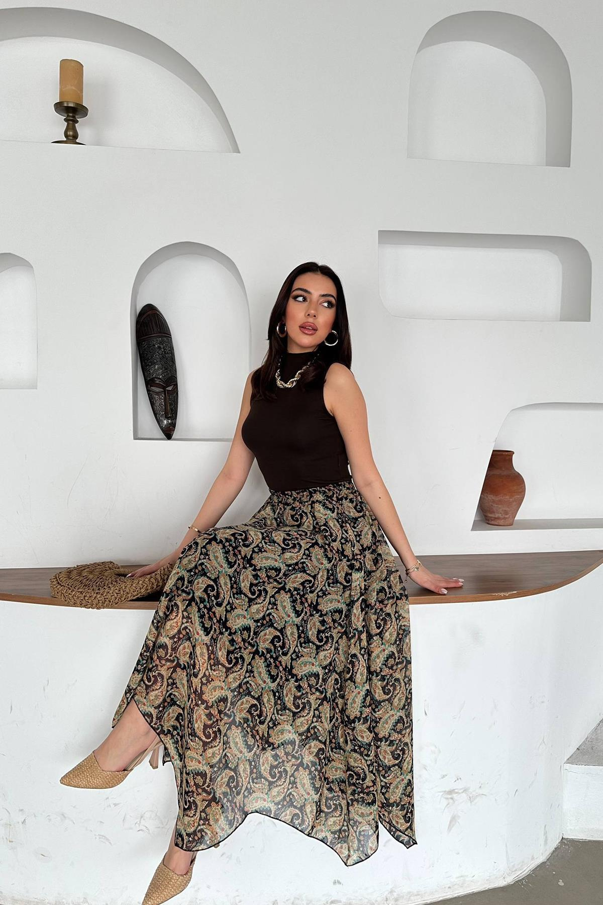 Toptan Lacivert Desenli Şifon Dilimli Etek