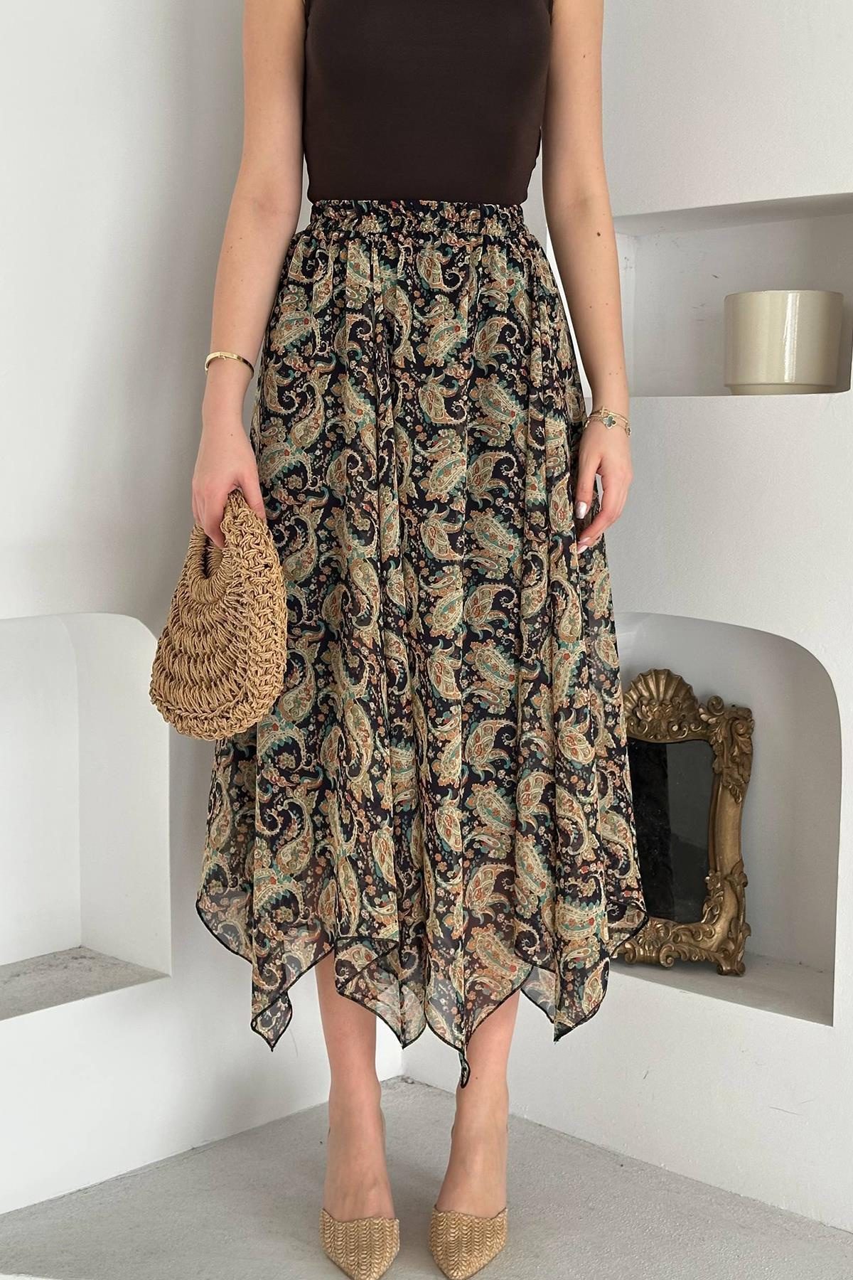 Toptan Lacivert Desenli Şifon Dilimli Etek