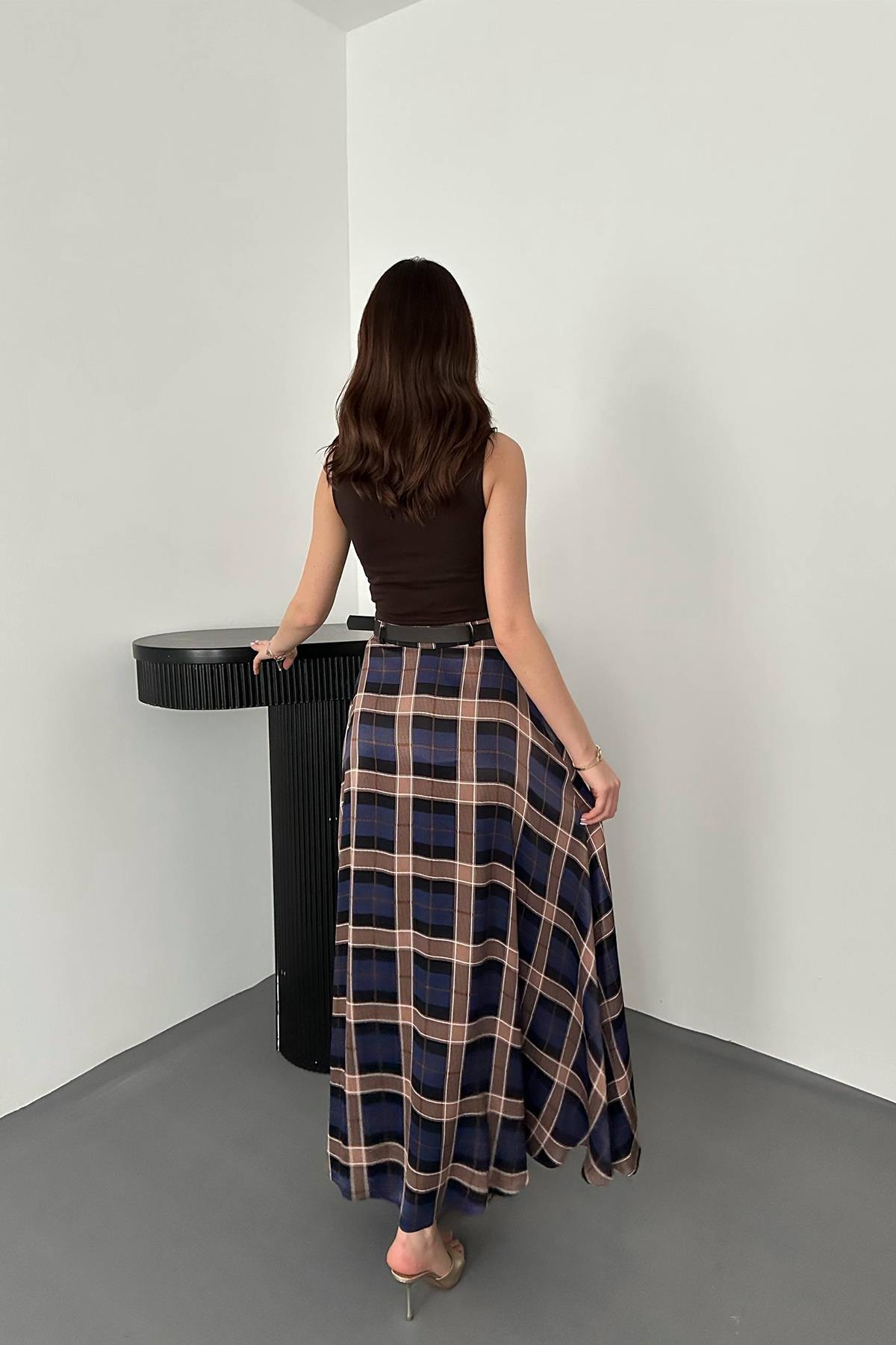 Toptan Lacivert Ekoseli Etek