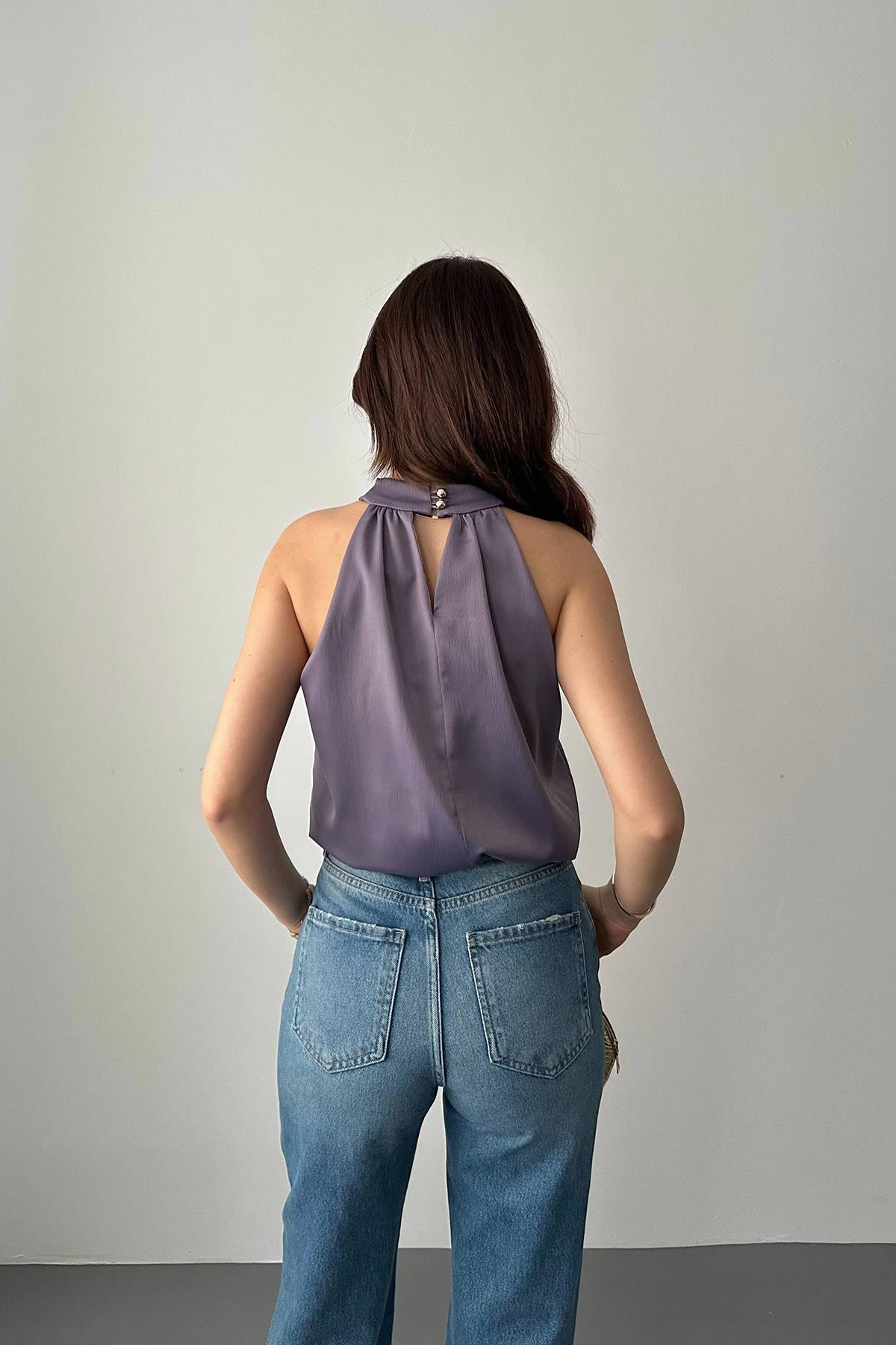 Toptan Lila Toka Detaylı Bluz